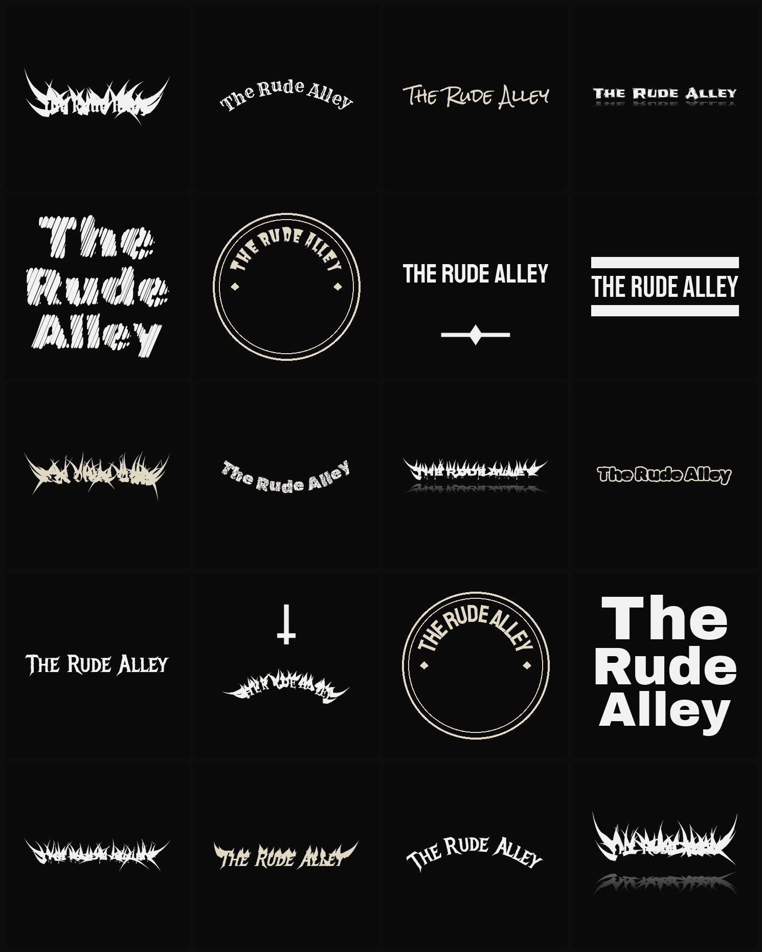 Twenty The Rude Alley band logo ideas — different faces, treatments and spike settings