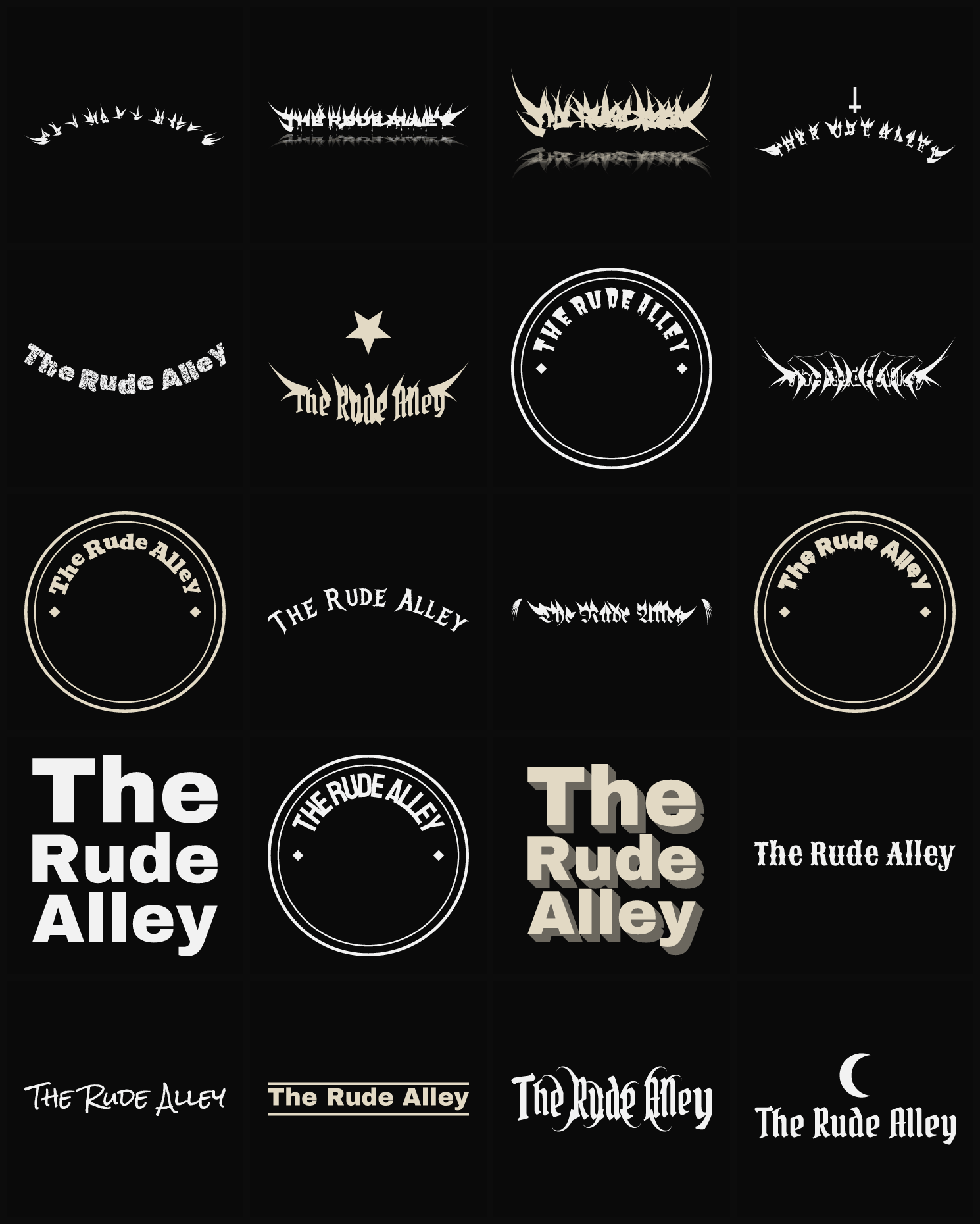 Twenty The Rude Alley band logo ideas — different faces, treatments and spike settings