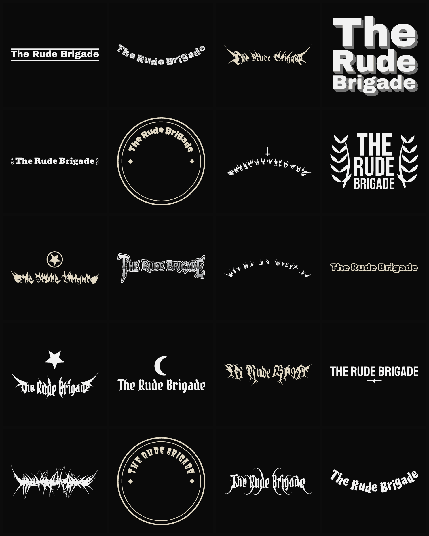 Twenty The Rude Brigade band logo ideas — different faces, treatments and spike settings
