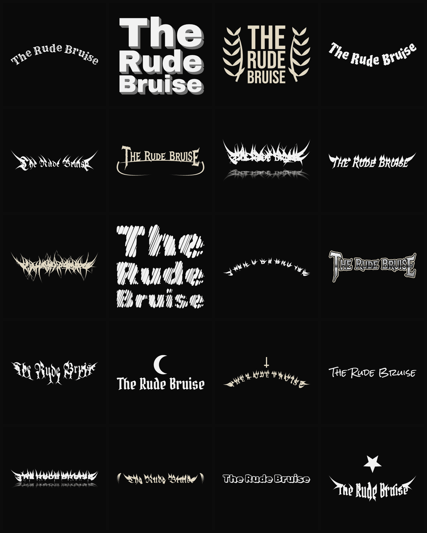 Twenty The Rude Bruise band logo ideas — different faces, treatments and spike settings
