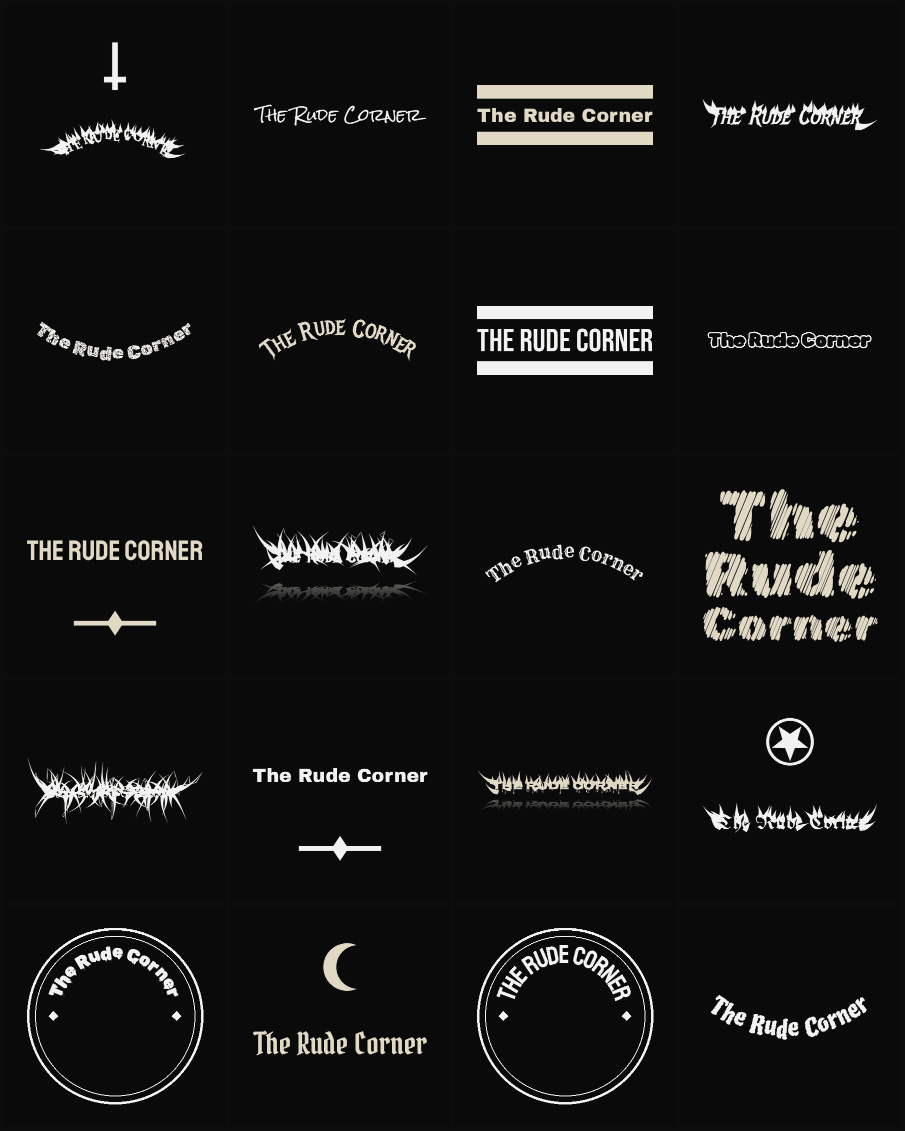 Twenty The Rude Corner band logo ideas — different faces, treatments and spike settings