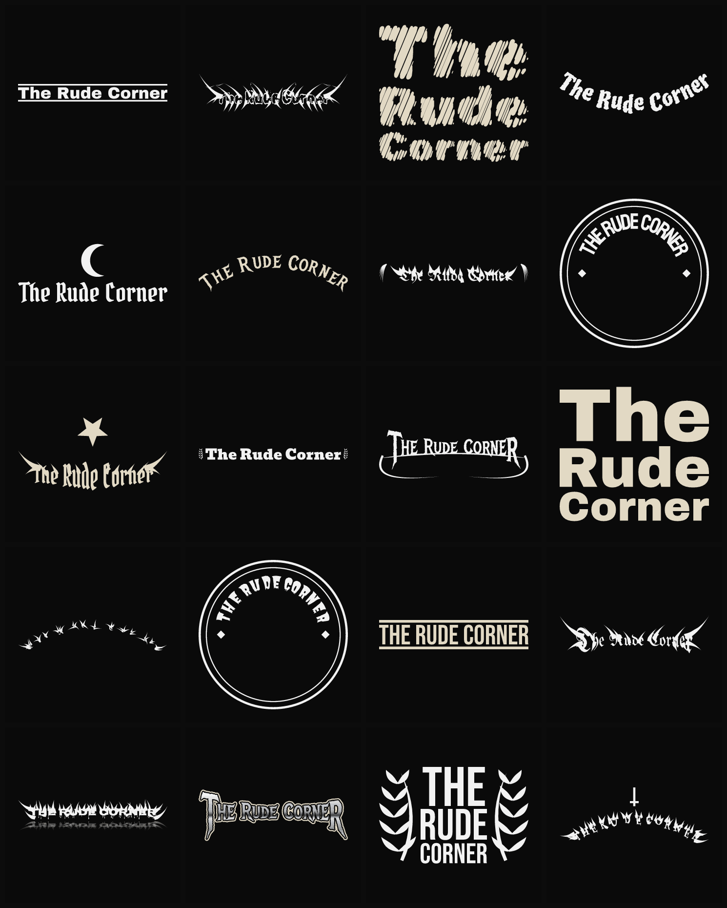 Twenty The Rude Corner band logo ideas — different faces, treatments and spike settings