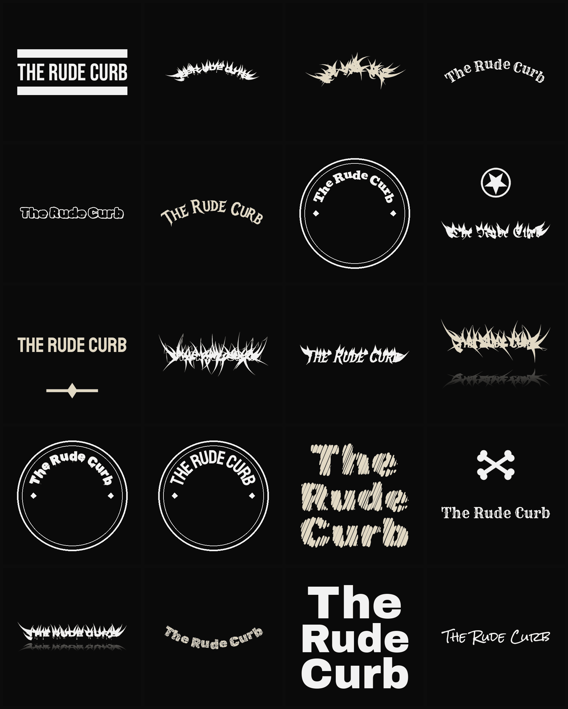 Twenty The Rude Curb band logo ideas — different faces, treatments and spike settings