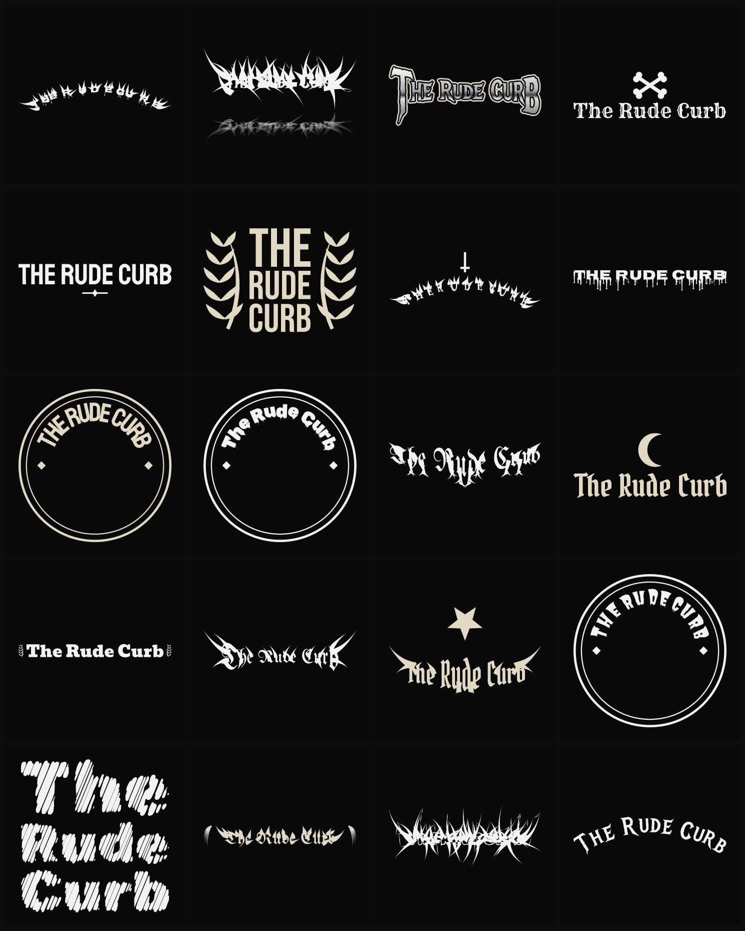 Twenty The Rude Curb band logo ideas — different faces, treatments and spike settings