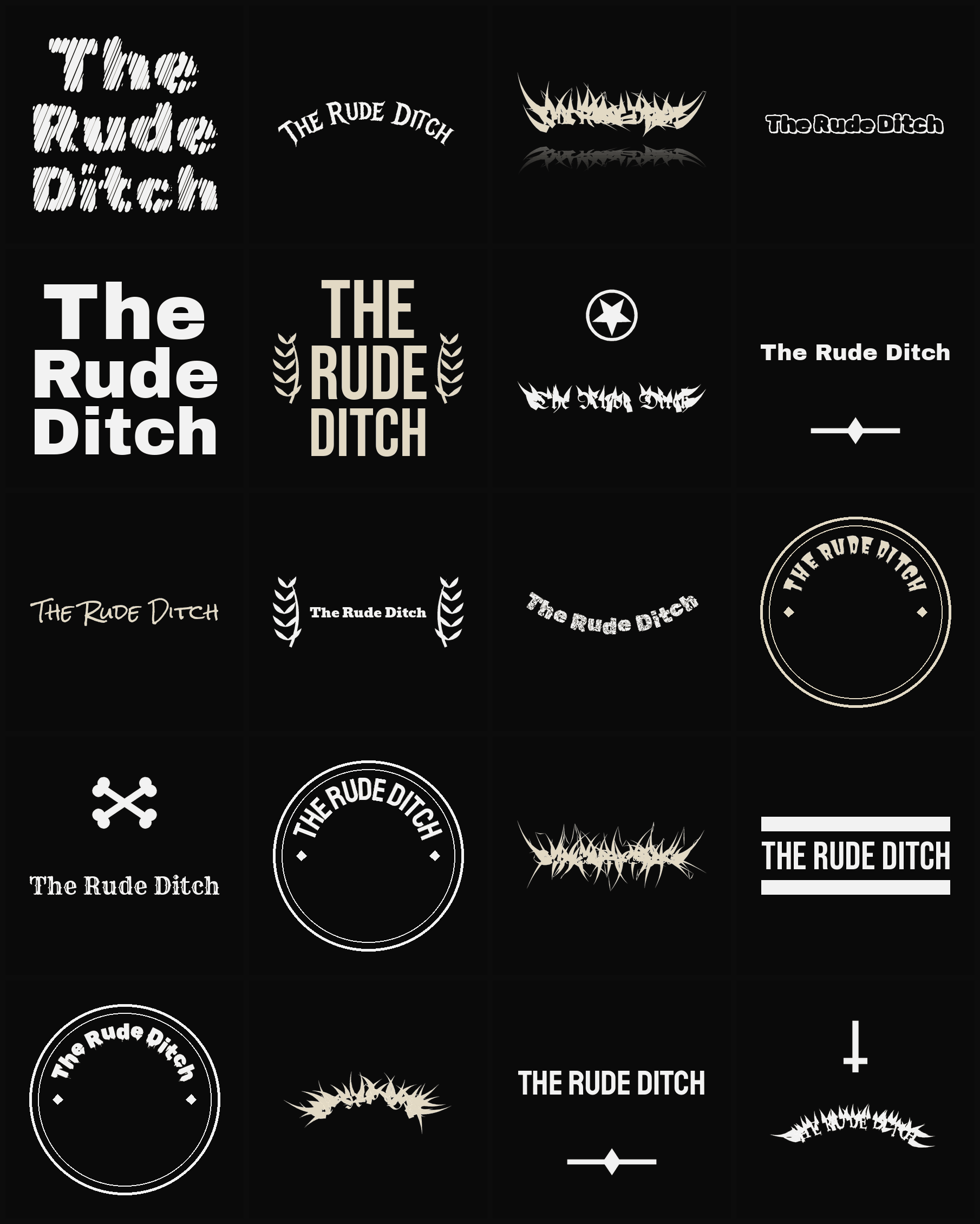 Twenty The Rude Ditch band logo ideas — different faces, treatments and spike settings