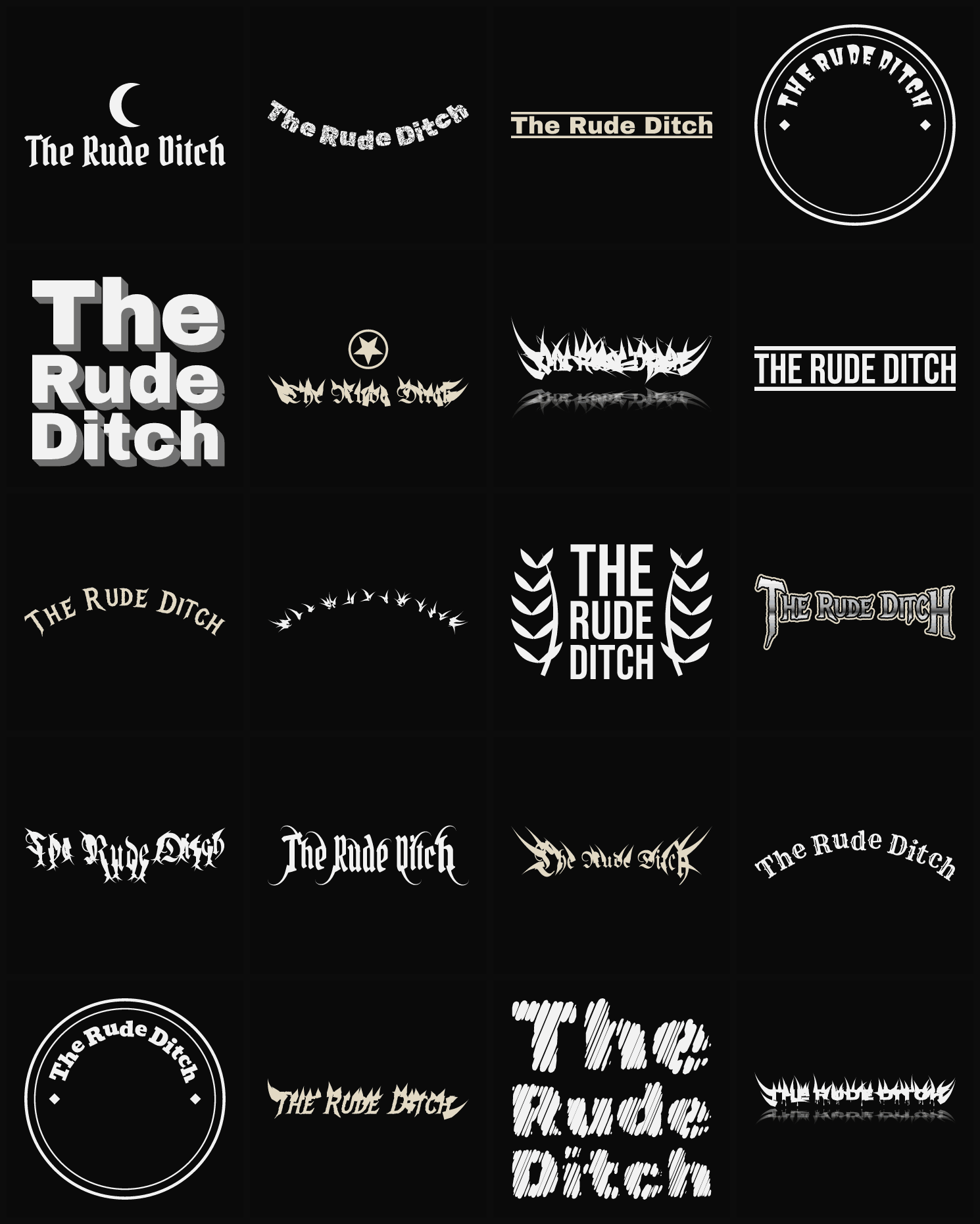 Twenty The Rude Ditch band logo ideas — different faces, treatments and spike settings