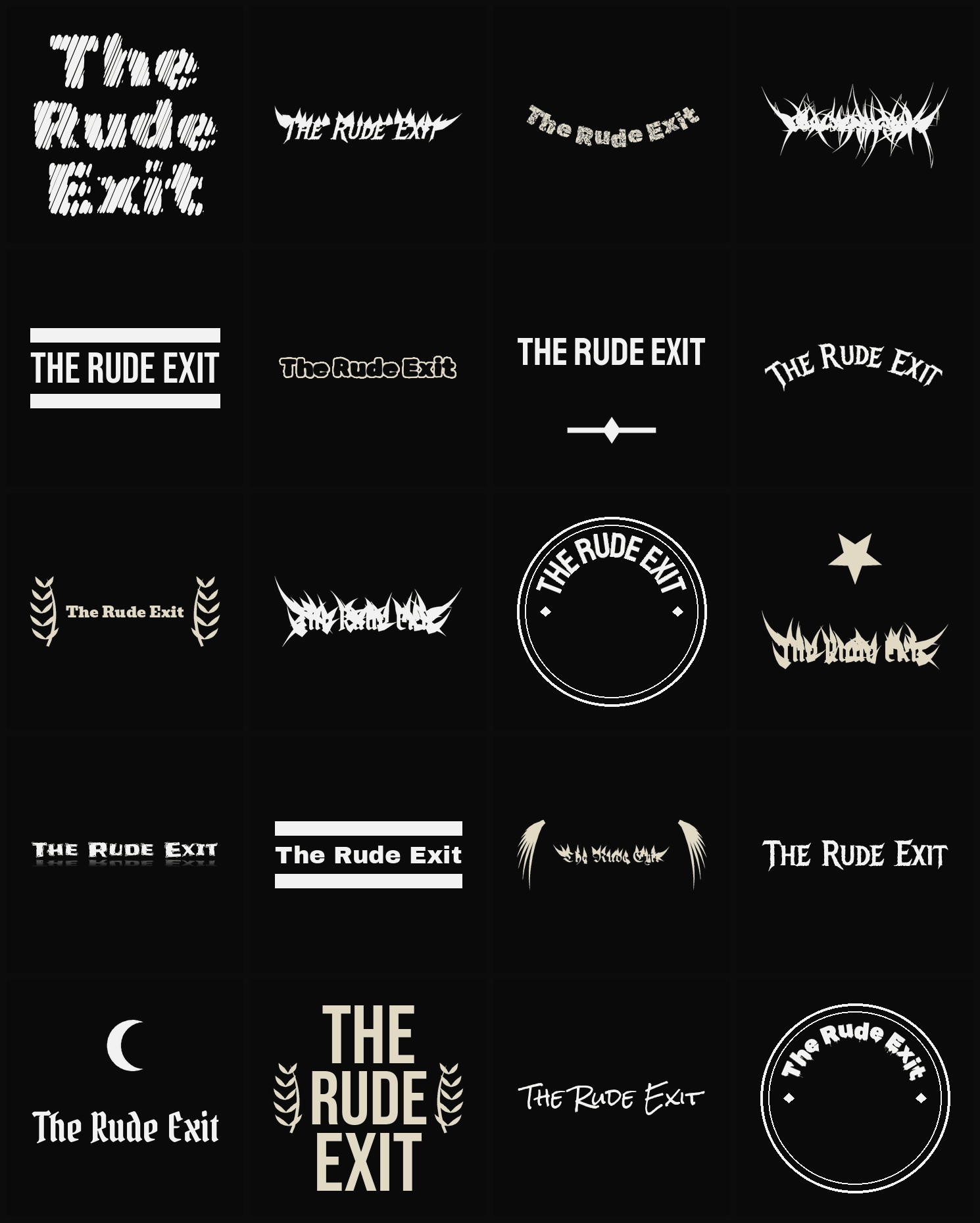 Twenty The Rude Exit band logo ideas — different faces, treatments and spike settings