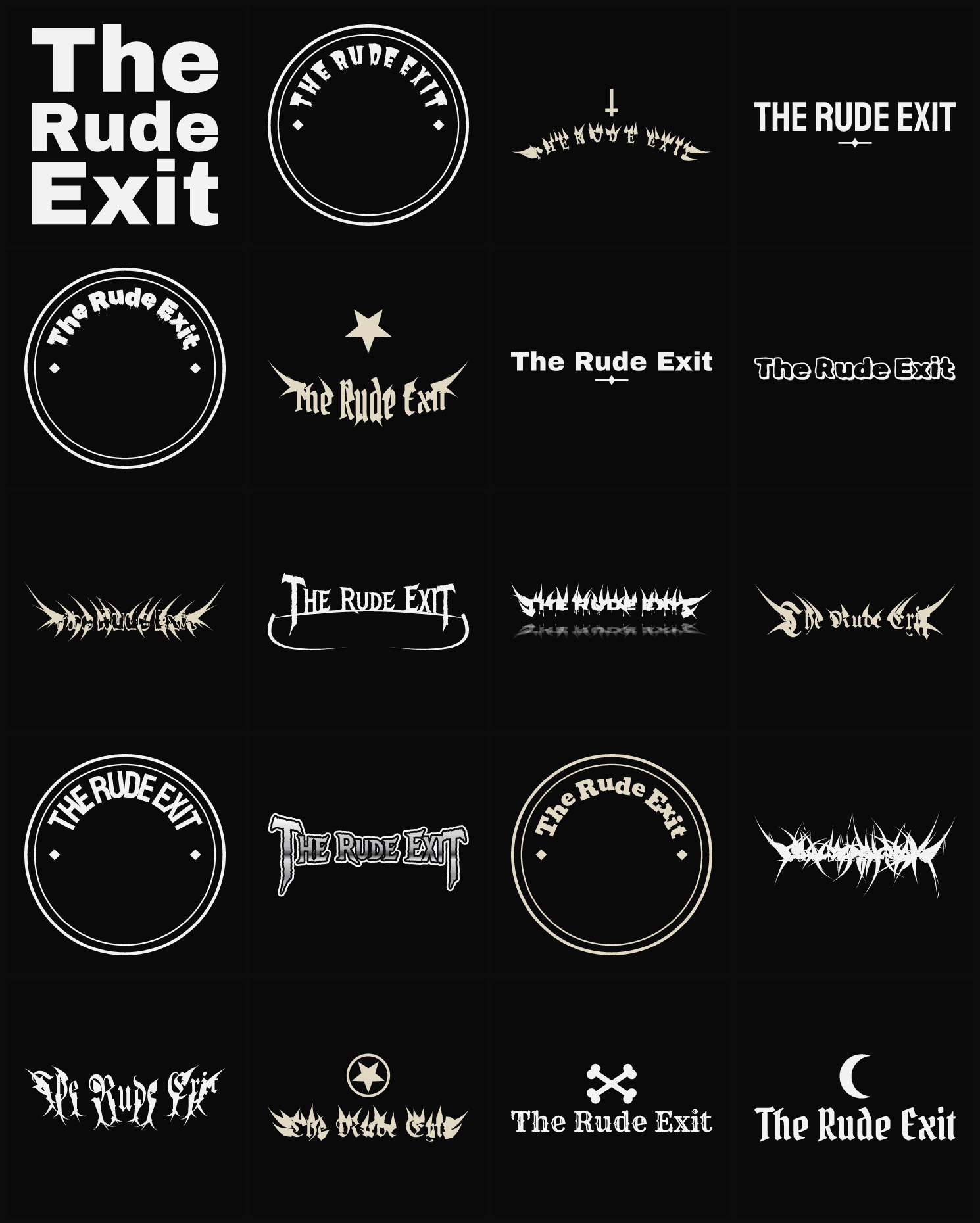 Twenty The Rude Exit band logo ideas — different faces, treatments and spike settings
