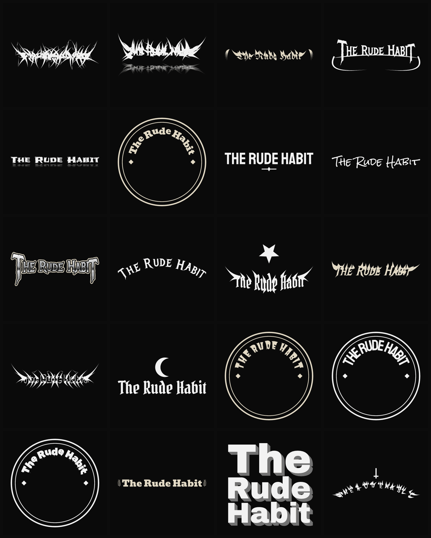 Twenty The Rude Habit band logo ideas — different faces, treatments and spike settings