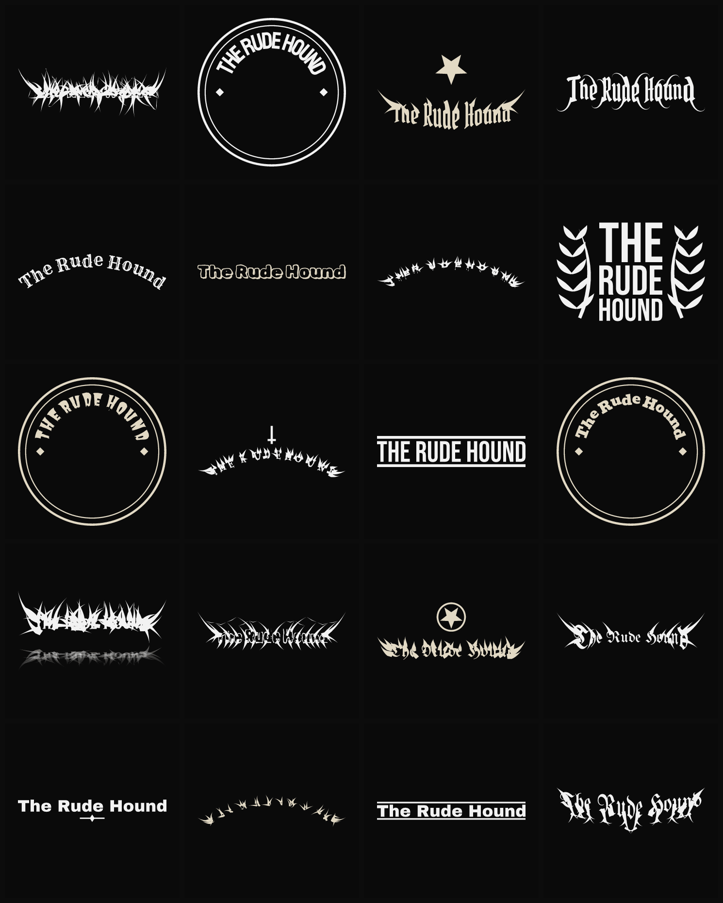Twenty The Rude Hound band logo ideas — different faces, treatments and spike settings