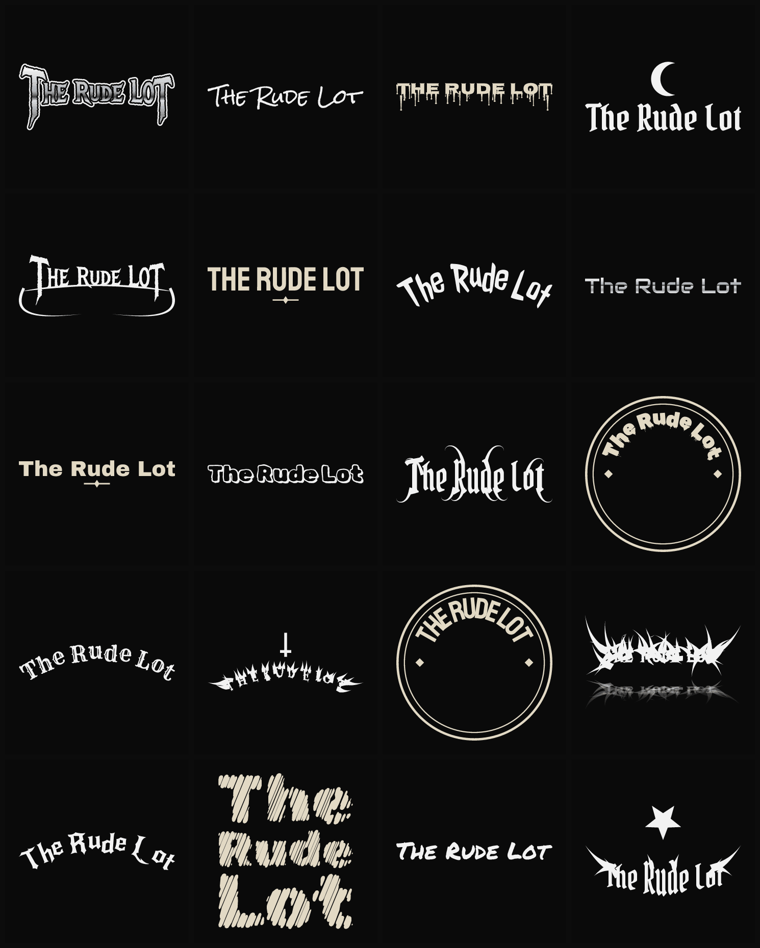 Twenty The Rude Lot band logo ideas — different faces, treatments and spike settings