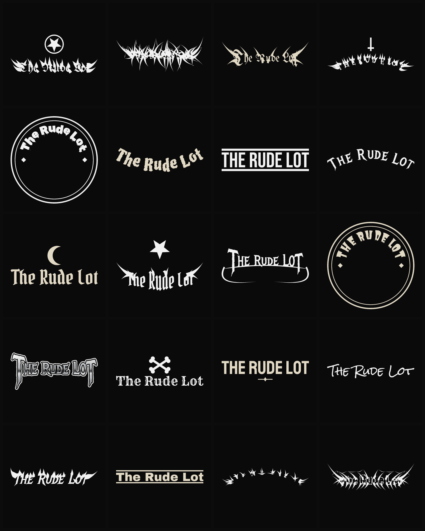 Twenty The Rude Lot band logo ideas — different faces, treatments and spike settings