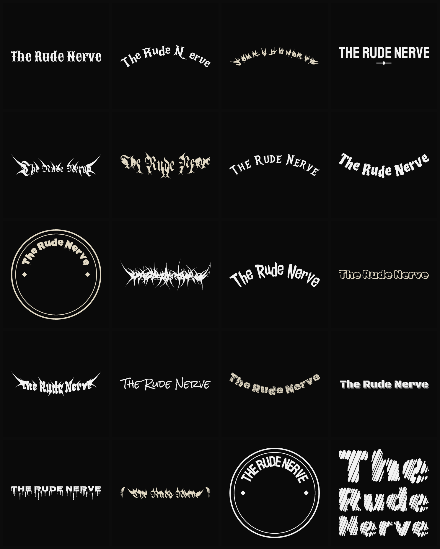 Twenty The Rude Nerve band logo ideas — different faces, treatments and spike settings