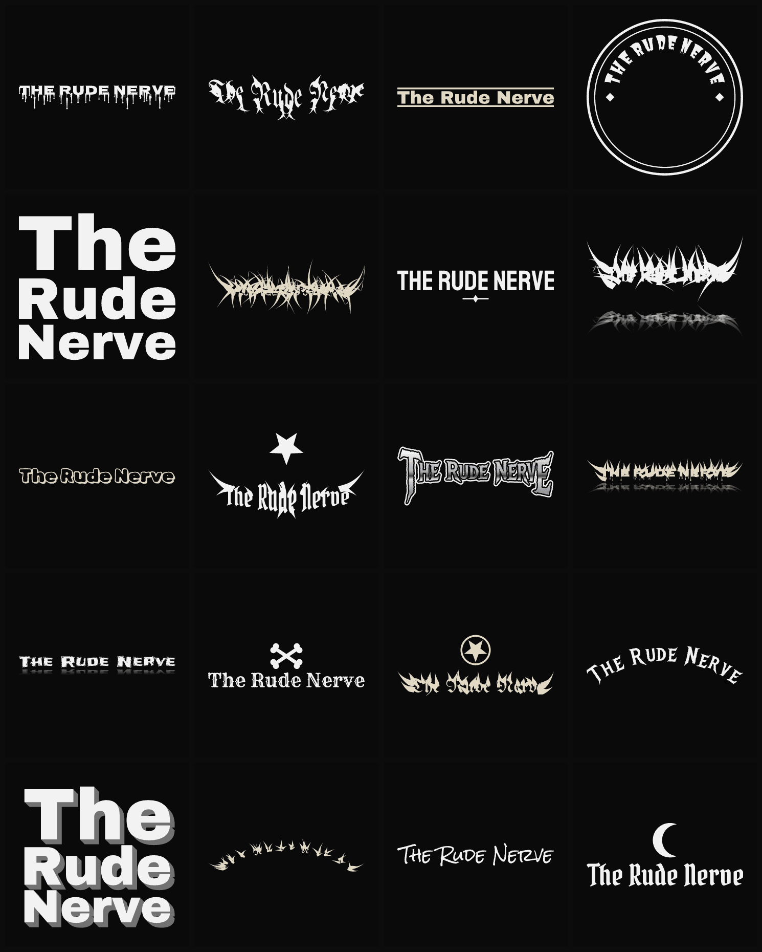 Twenty The Rude Nerve band logo ideas — different faces, treatments and spike settings