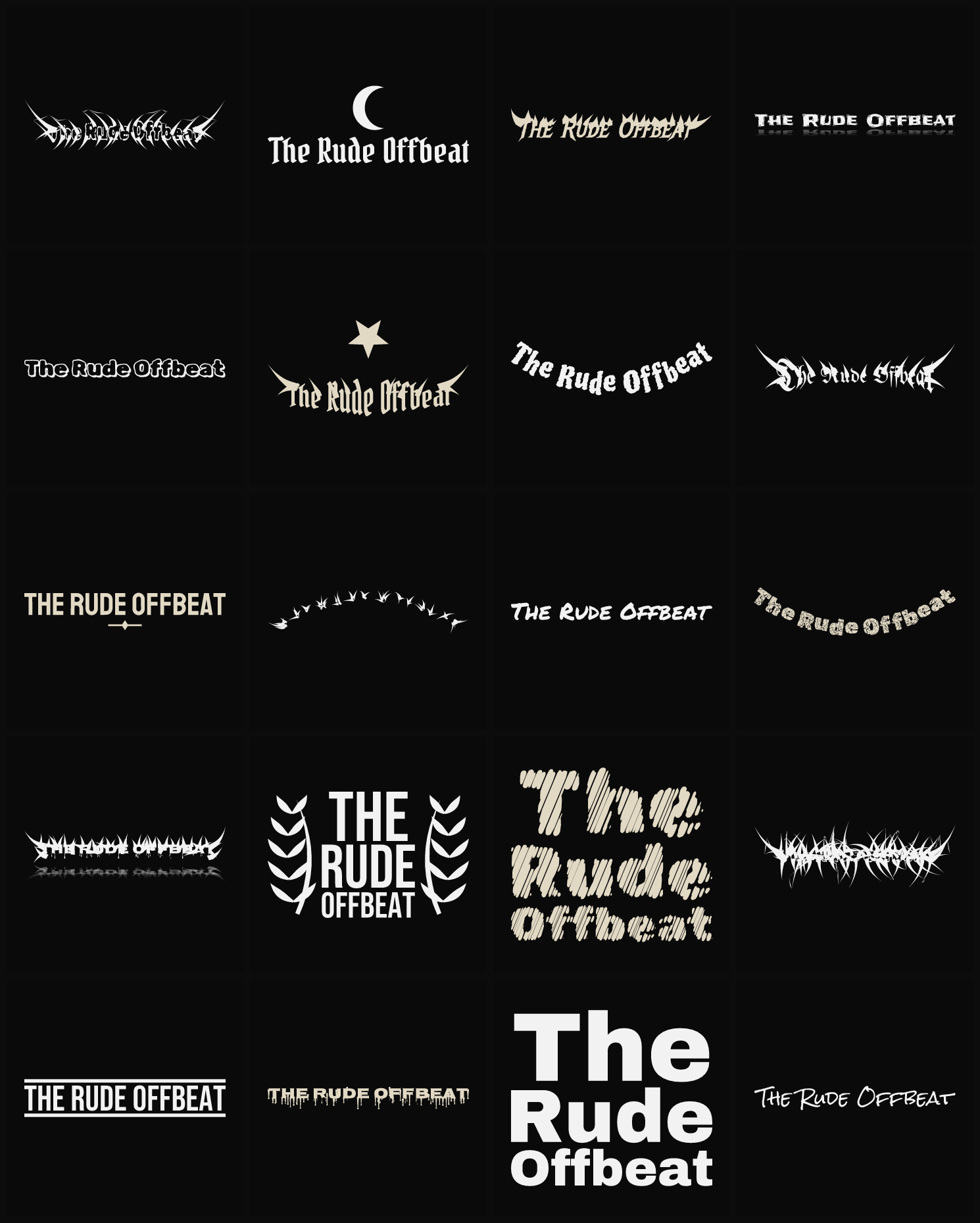 Twenty The Rude Offbeat band logo ideas — different faces, treatments and spike settings