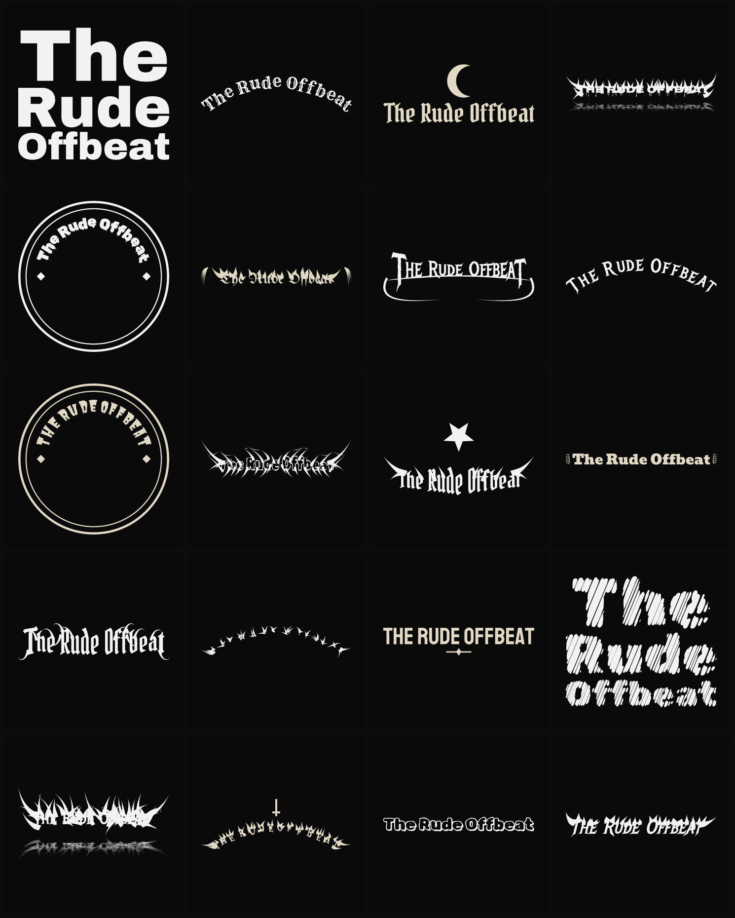 Twenty The Rude Offbeat band logo ideas — different faces, treatments and spike settings