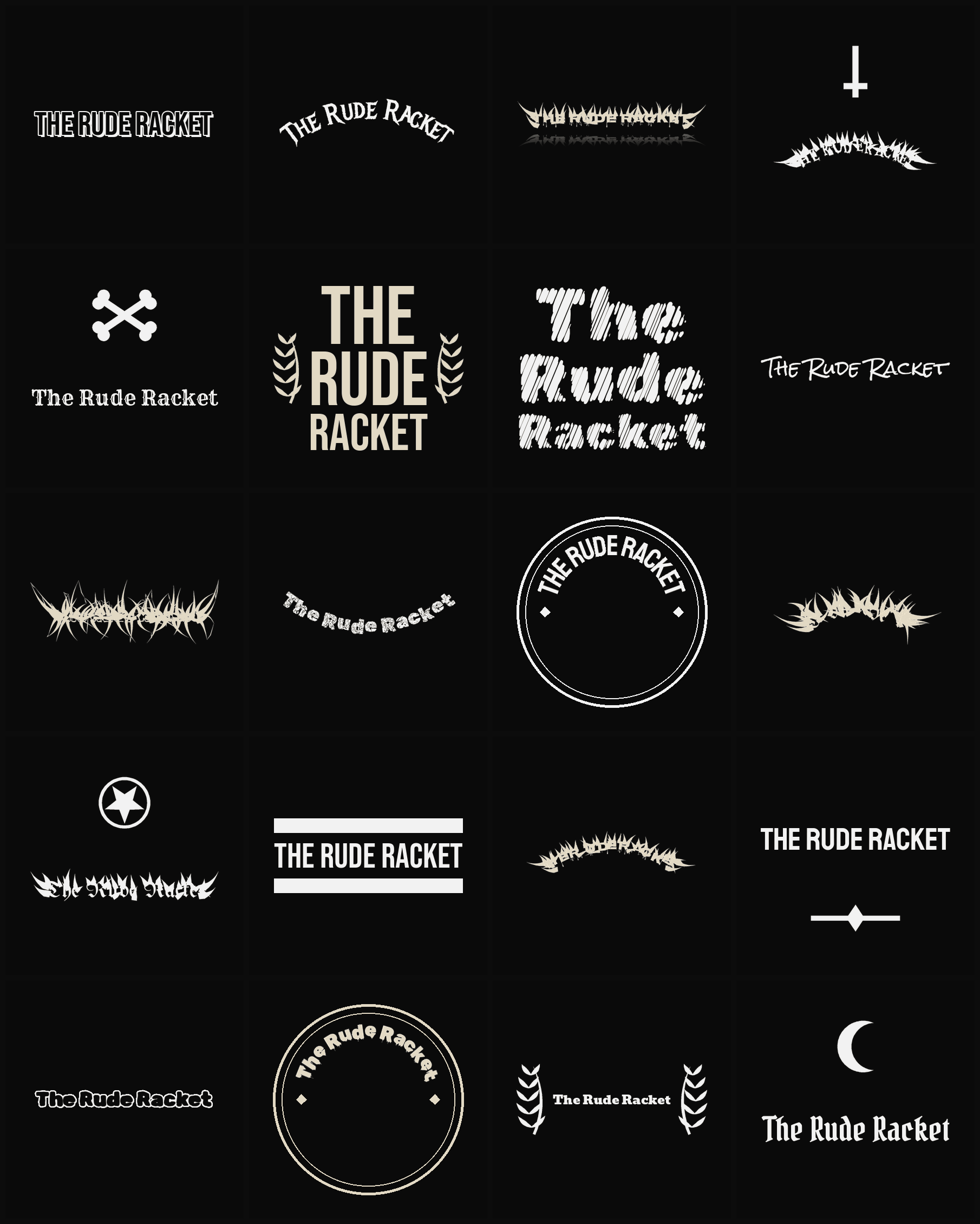 Twenty The Rude Racket band logo ideas — different faces, treatments and spike settings