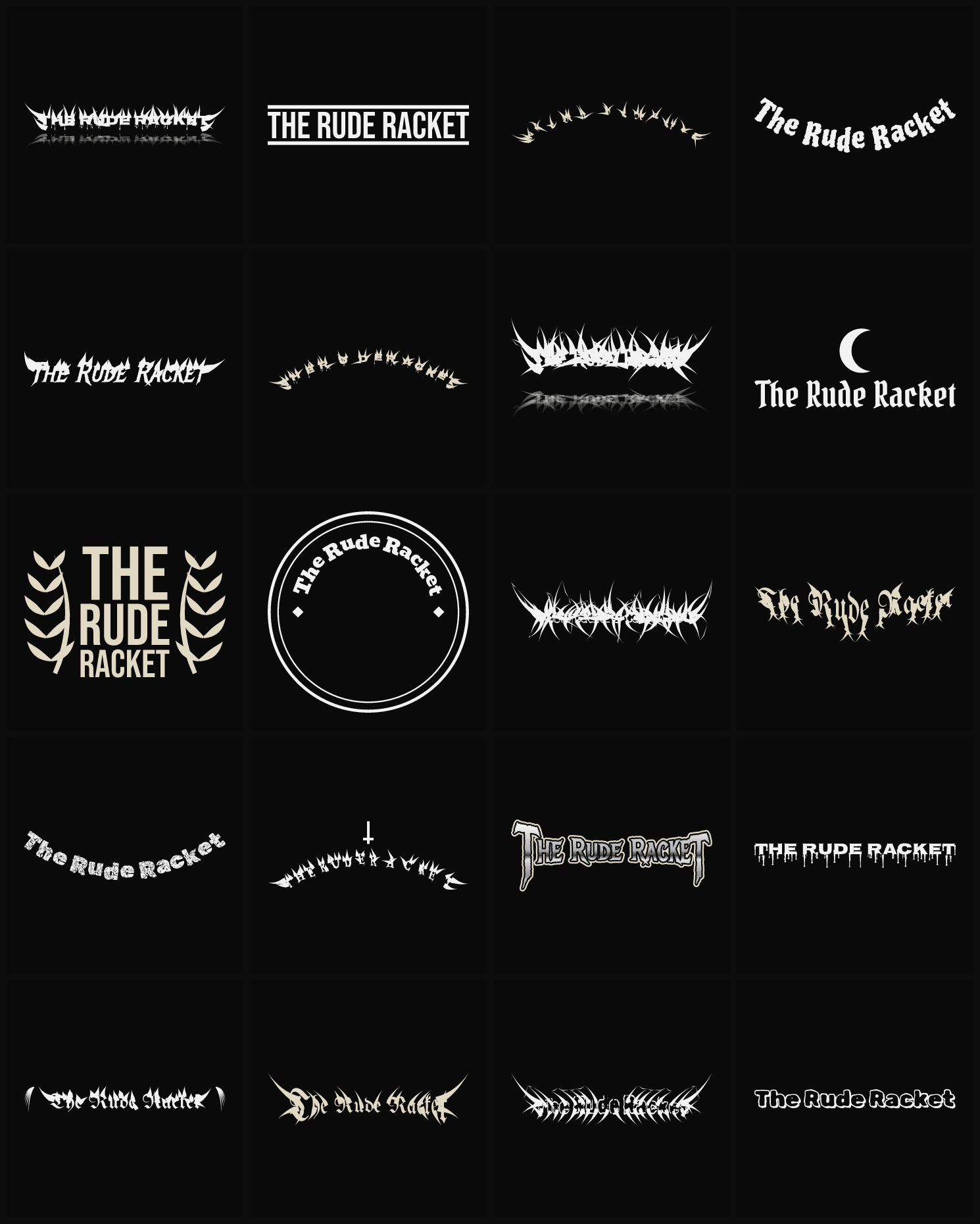 Twenty The Rude Racket band logo ideas — different faces, treatments and spike settings
