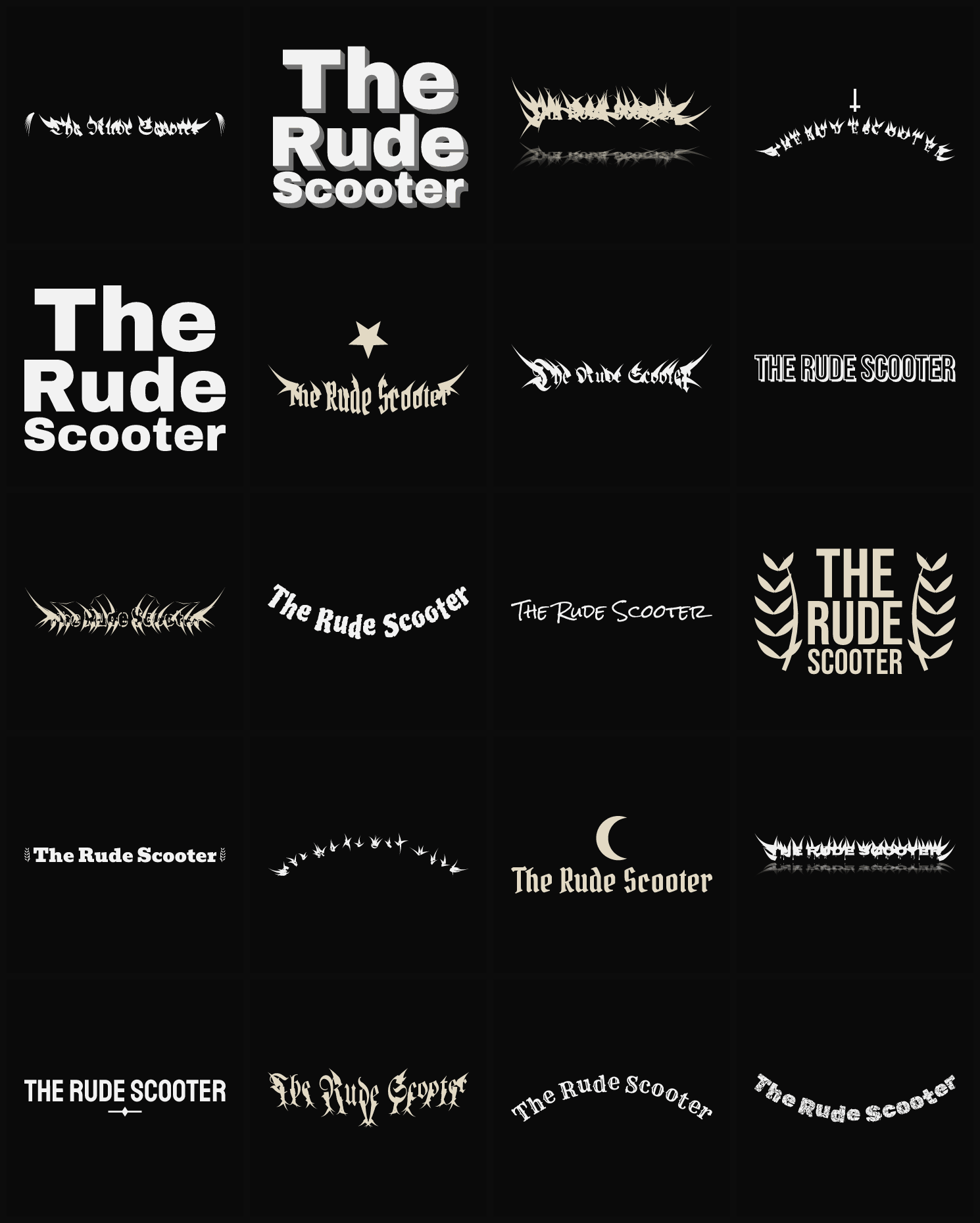 Twenty The Rude Scooter band logo ideas — different faces, treatments and spike settings