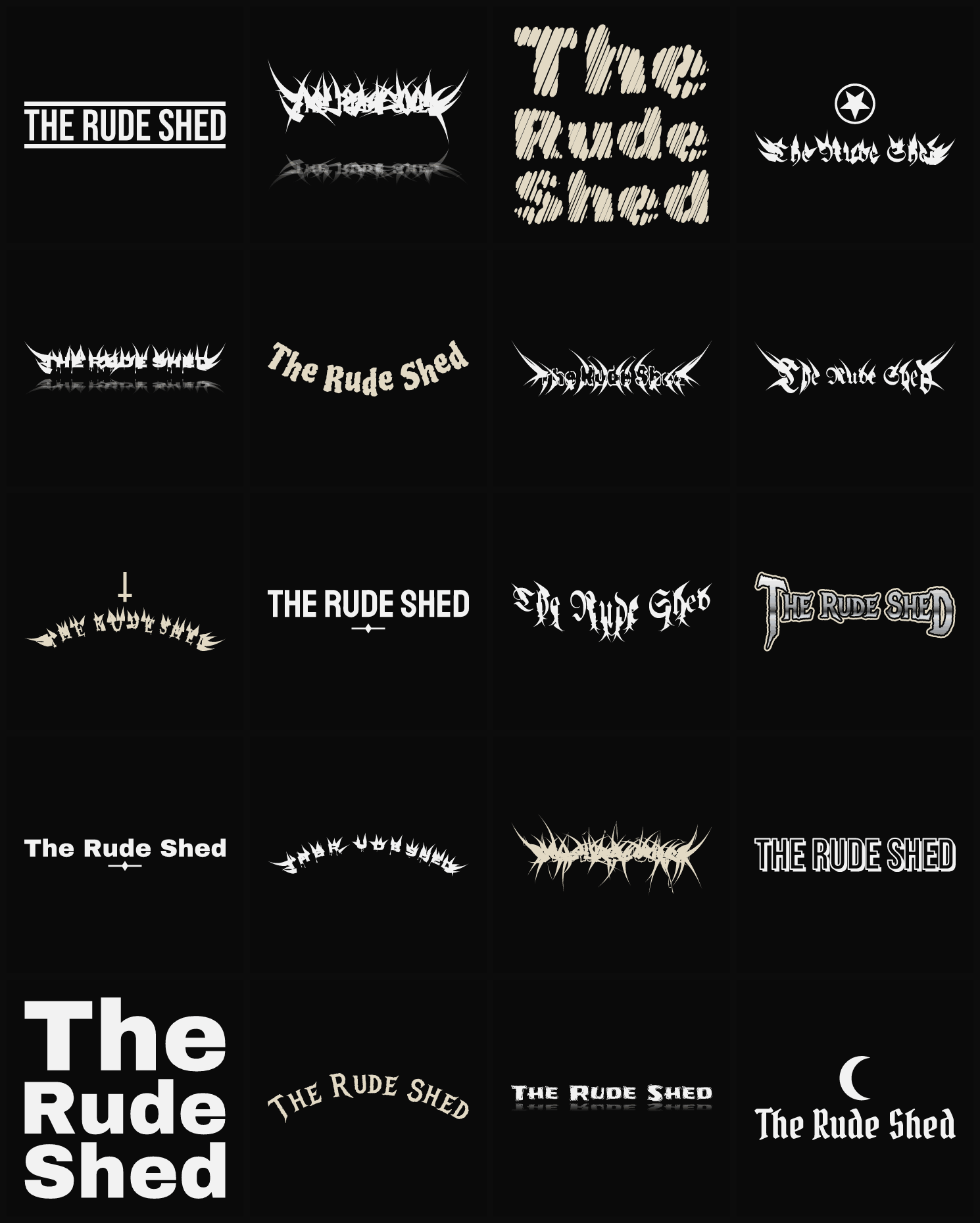 Twenty The Rude Shed band logo ideas — different faces, treatments and spike settings