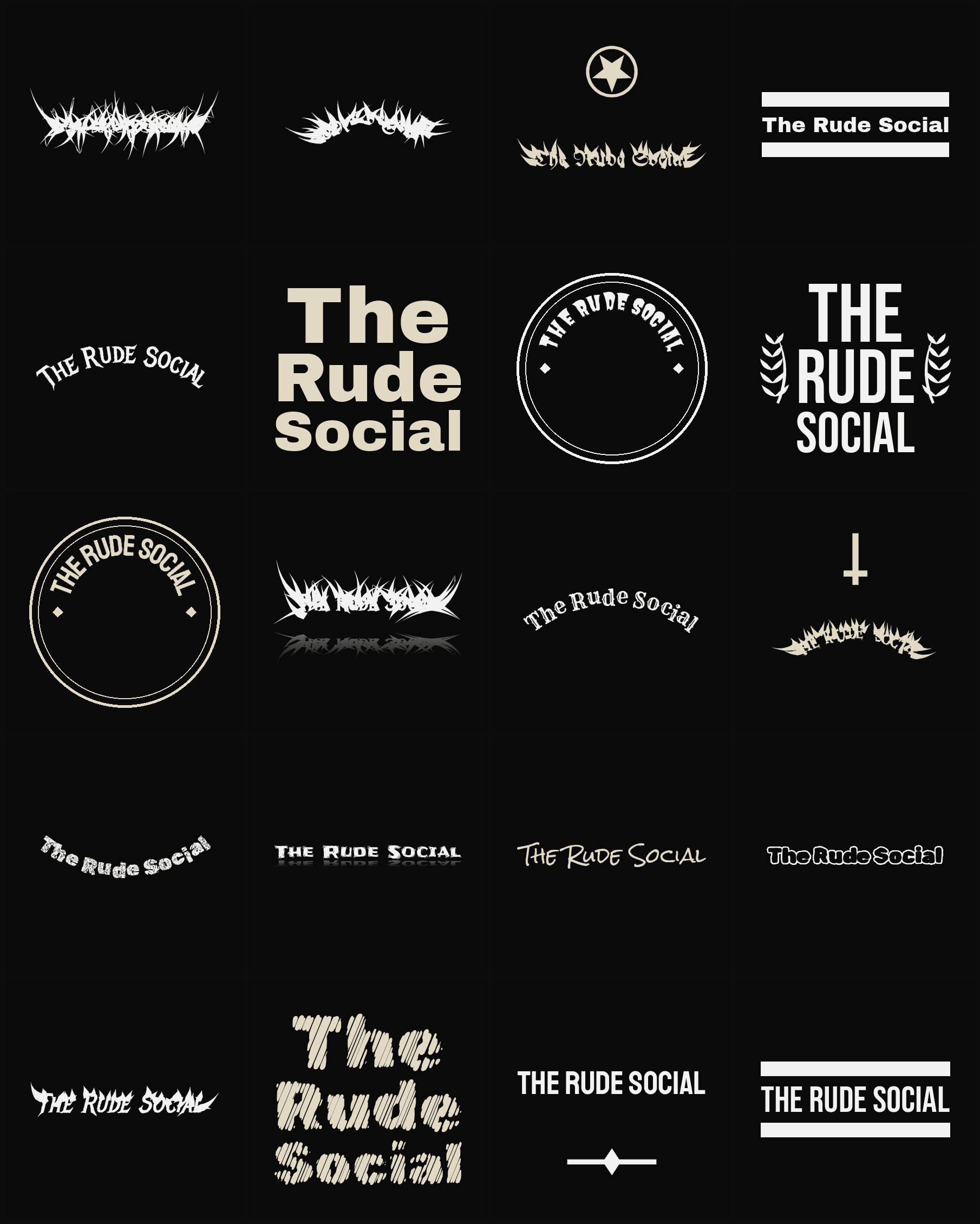 Twenty The Rude Social band logo ideas — different faces, treatments and spike settings