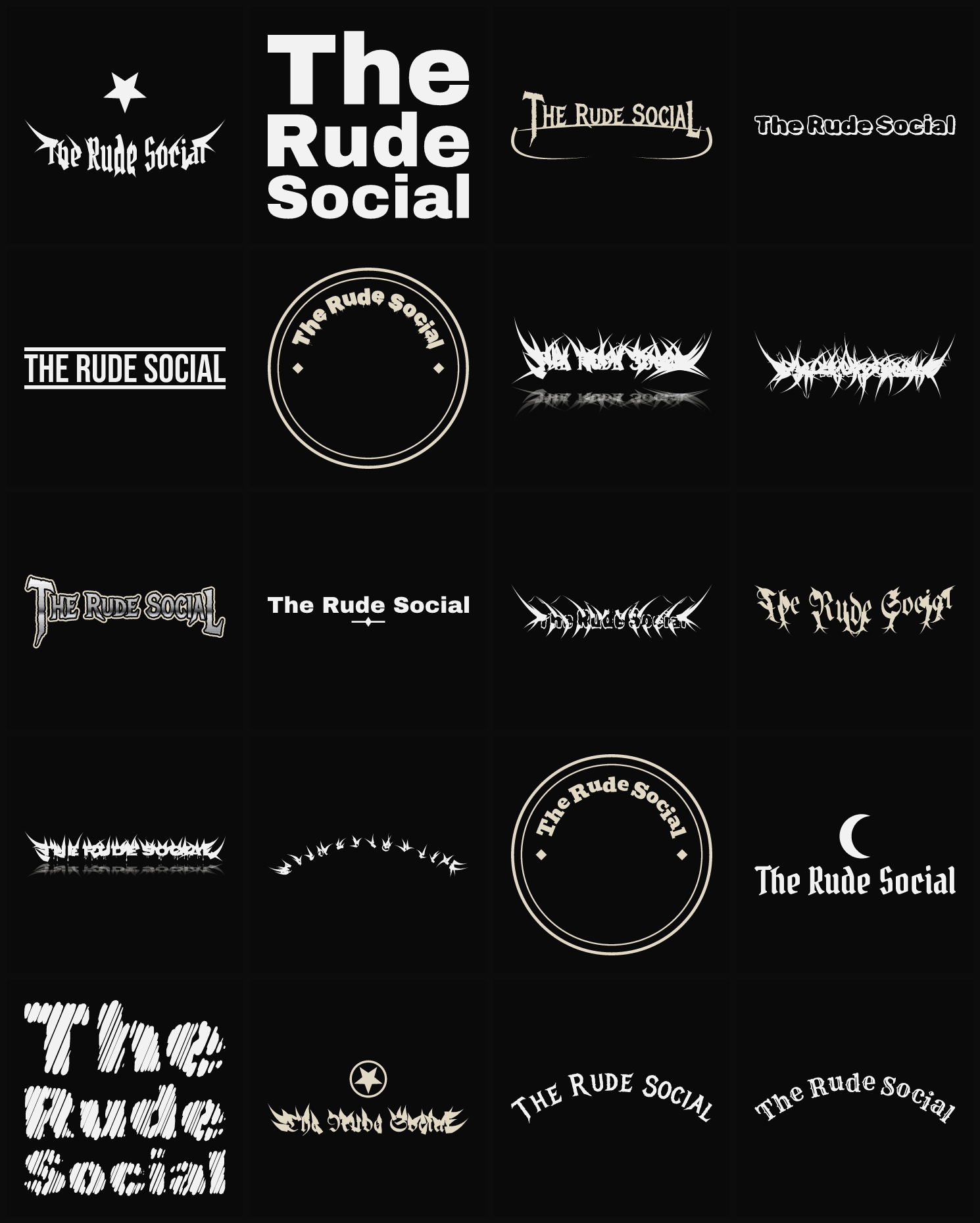 Twenty The Rude Social band logo ideas — different faces, treatments and spike settings