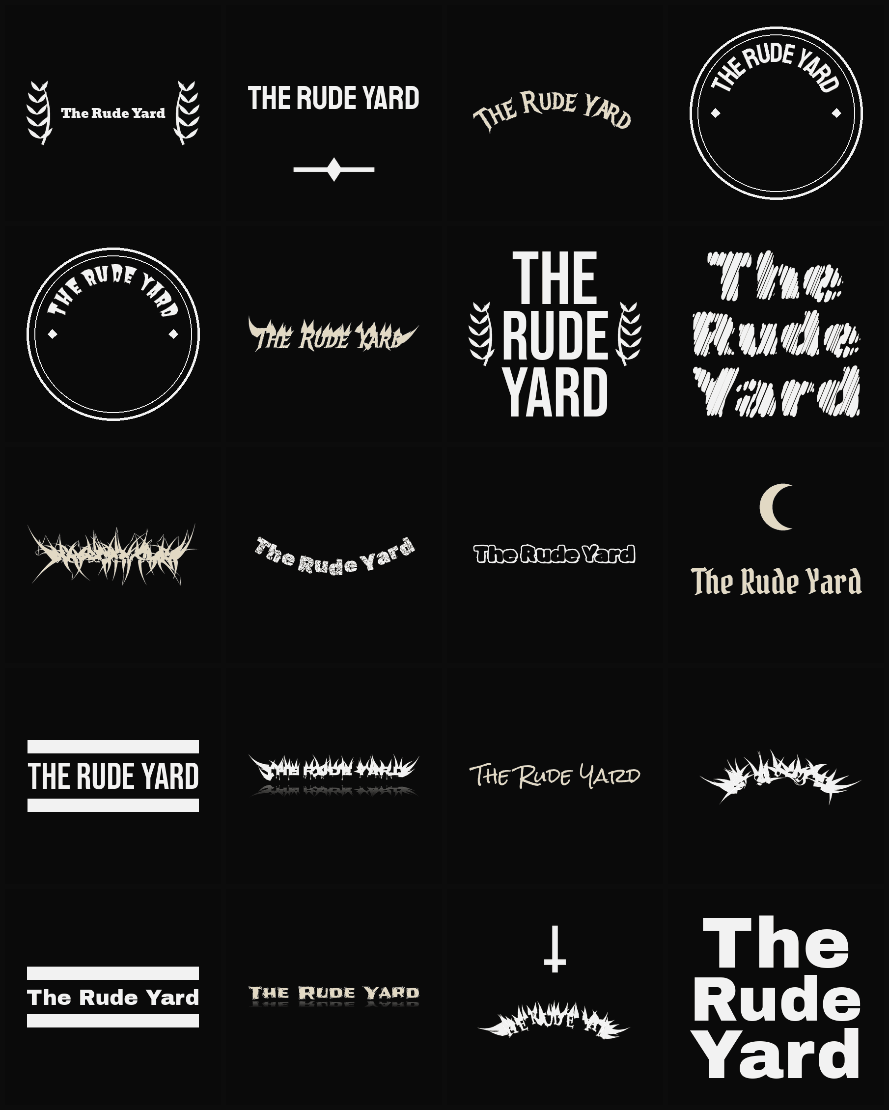 Twenty The Rude Yard band logo ideas — different faces, treatments and spike settings