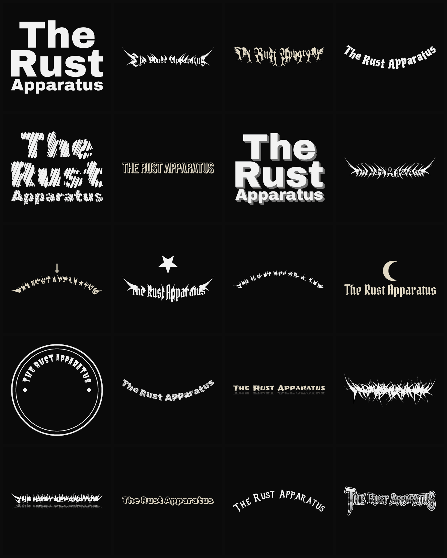 Twenty The Rust Apparatus band logo ideas — different faces, treatments and spike settings