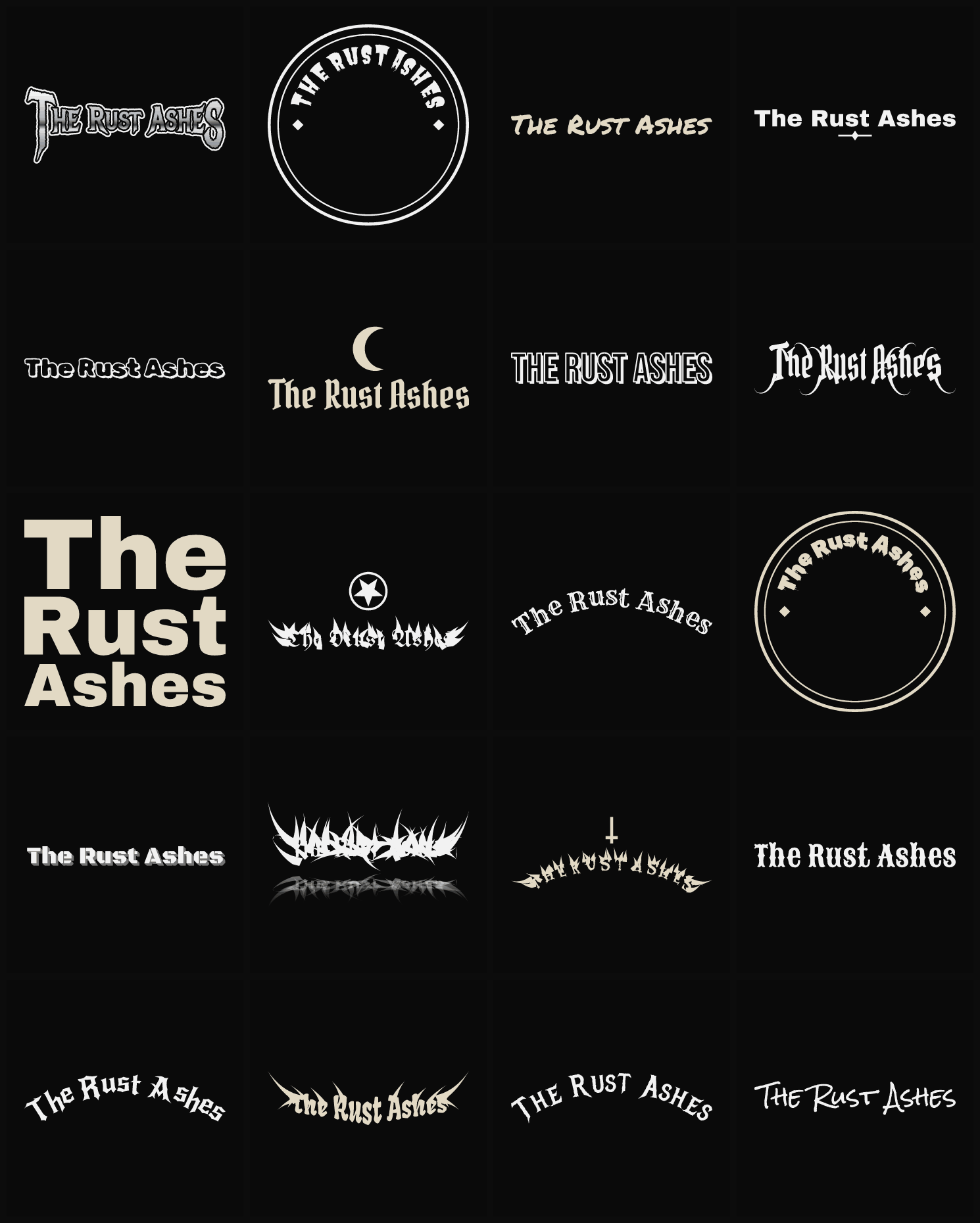 Twenty The Rust Ashes band logo ideas — different faces, treatments and spike settings