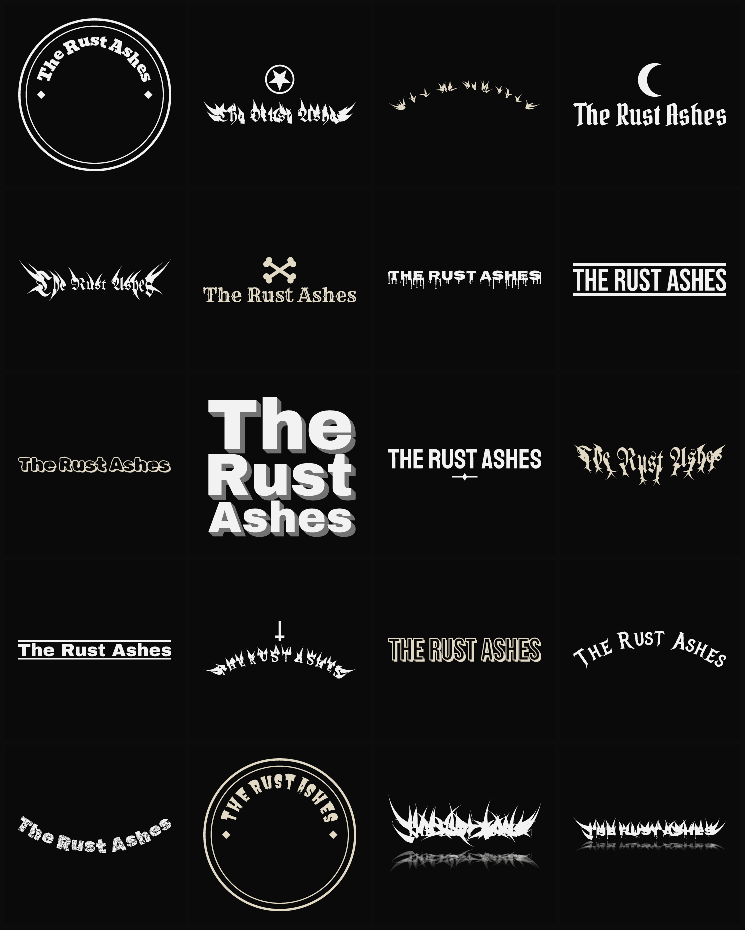 Twenty The Rust Ashes band logo ideas — different faces, treatments and spike settings