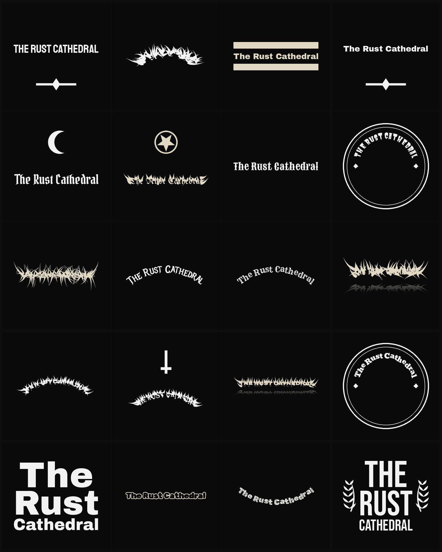 Twenty The Rust Cathedral band logo ideas — different faces, treatments and spike settings