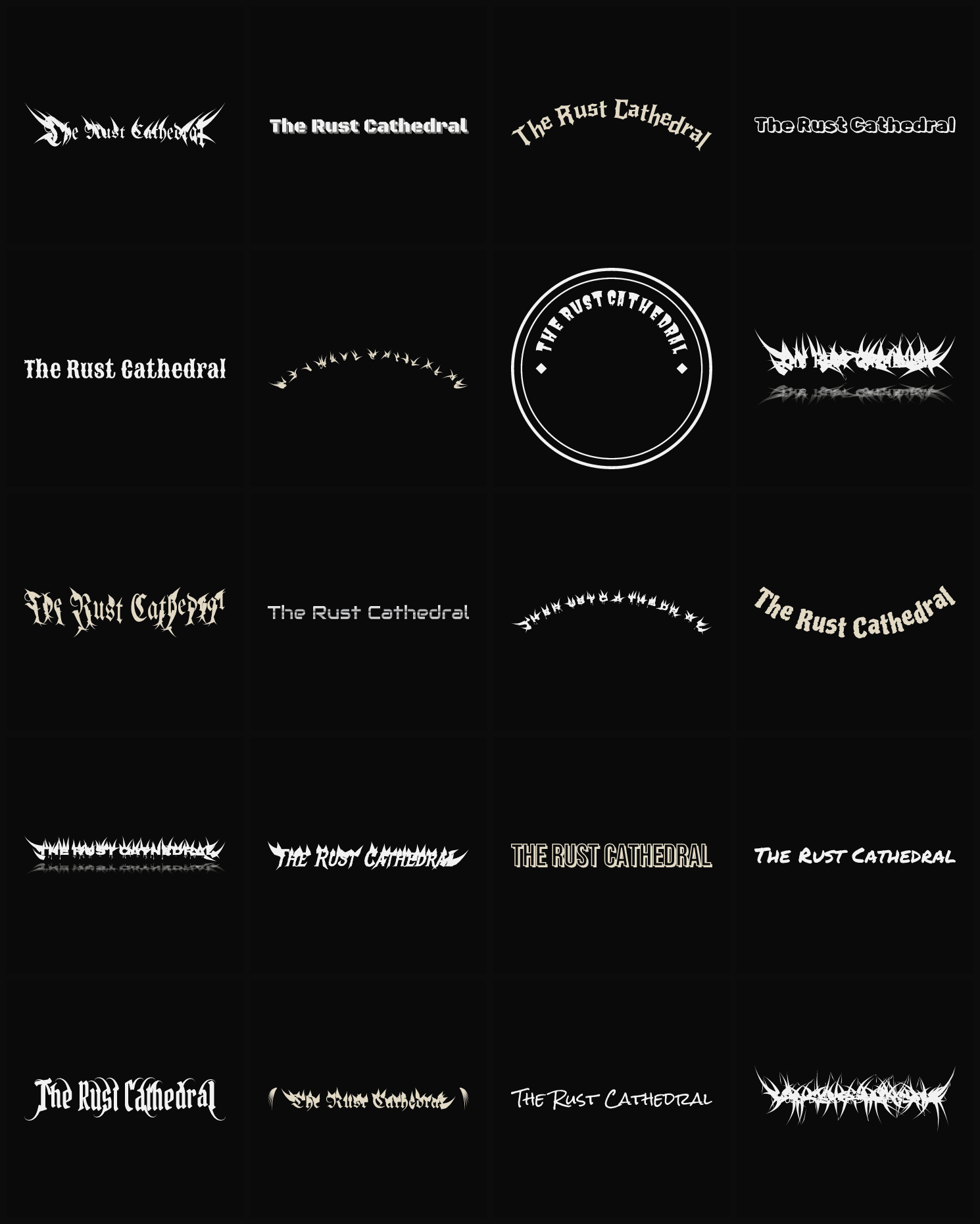 Twenty The Rust Cathedral band logo ideas — different faces, treatments and spike settings