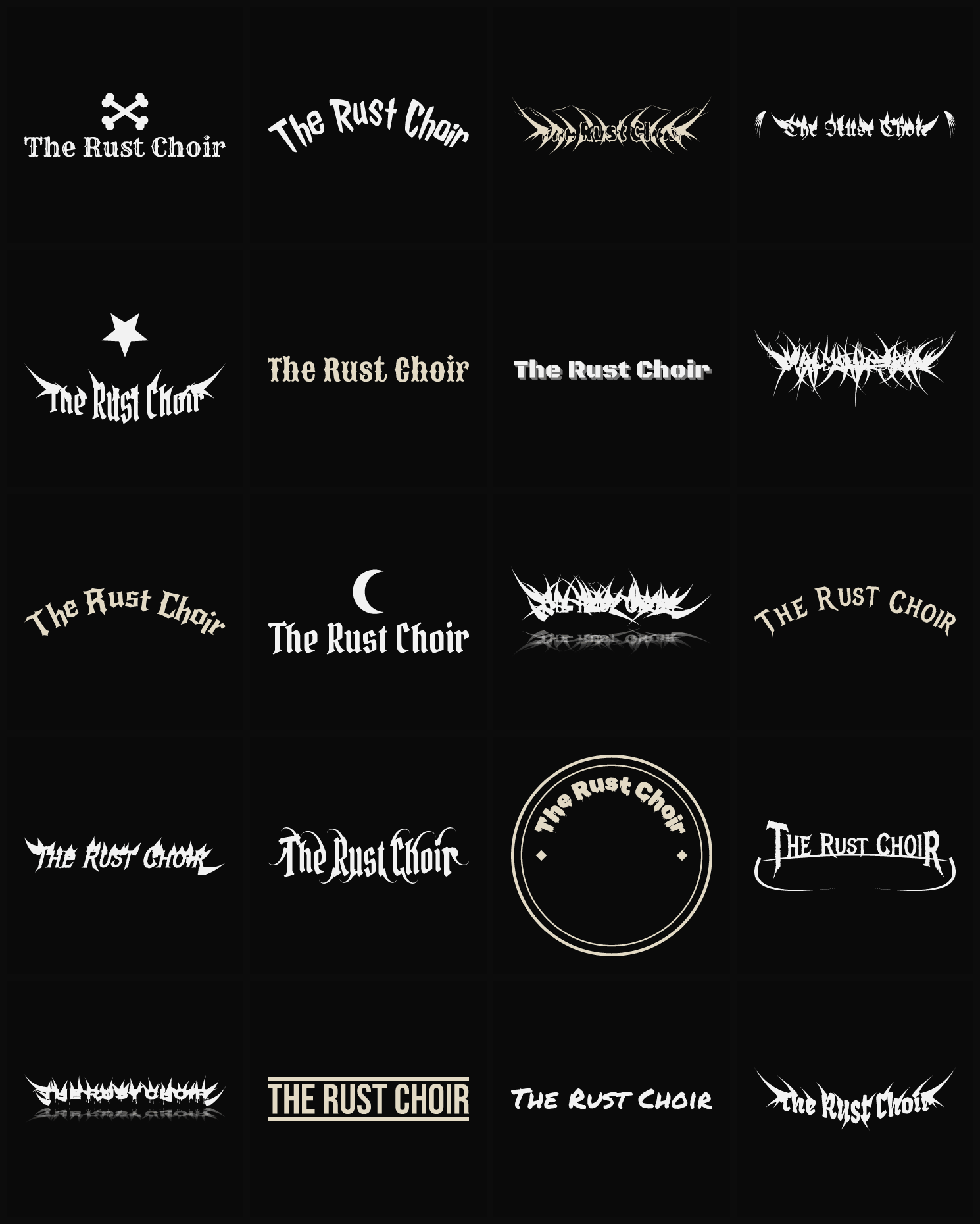 Twenty The Rust Choir band logo ideas — different faces, treatments and spike settings