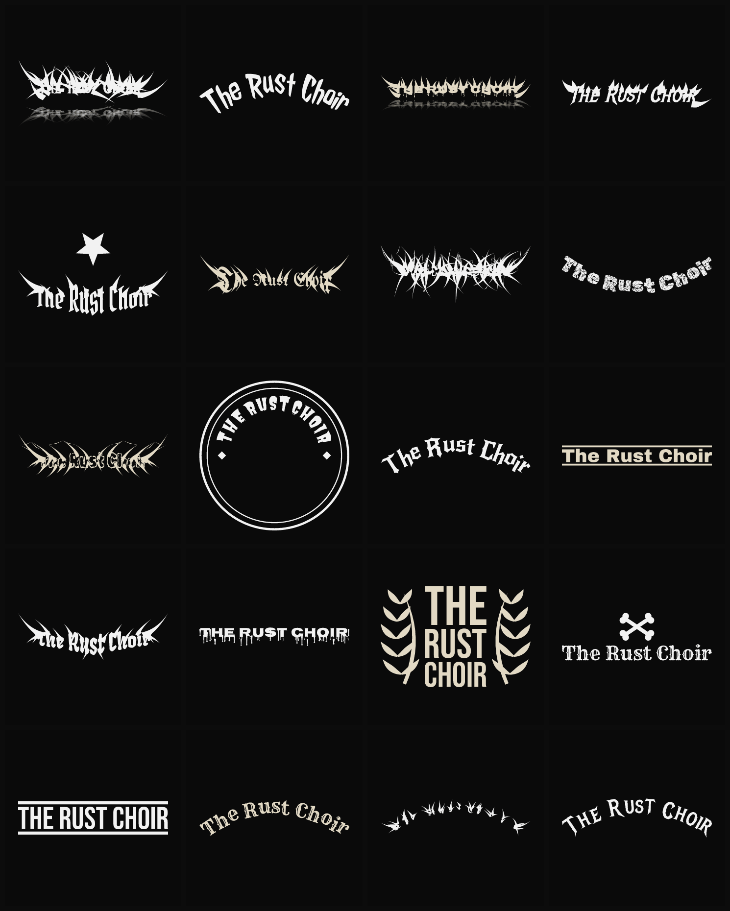 Twenty The Rust Choir band logo ideas — different faces, treatments and spike settings
