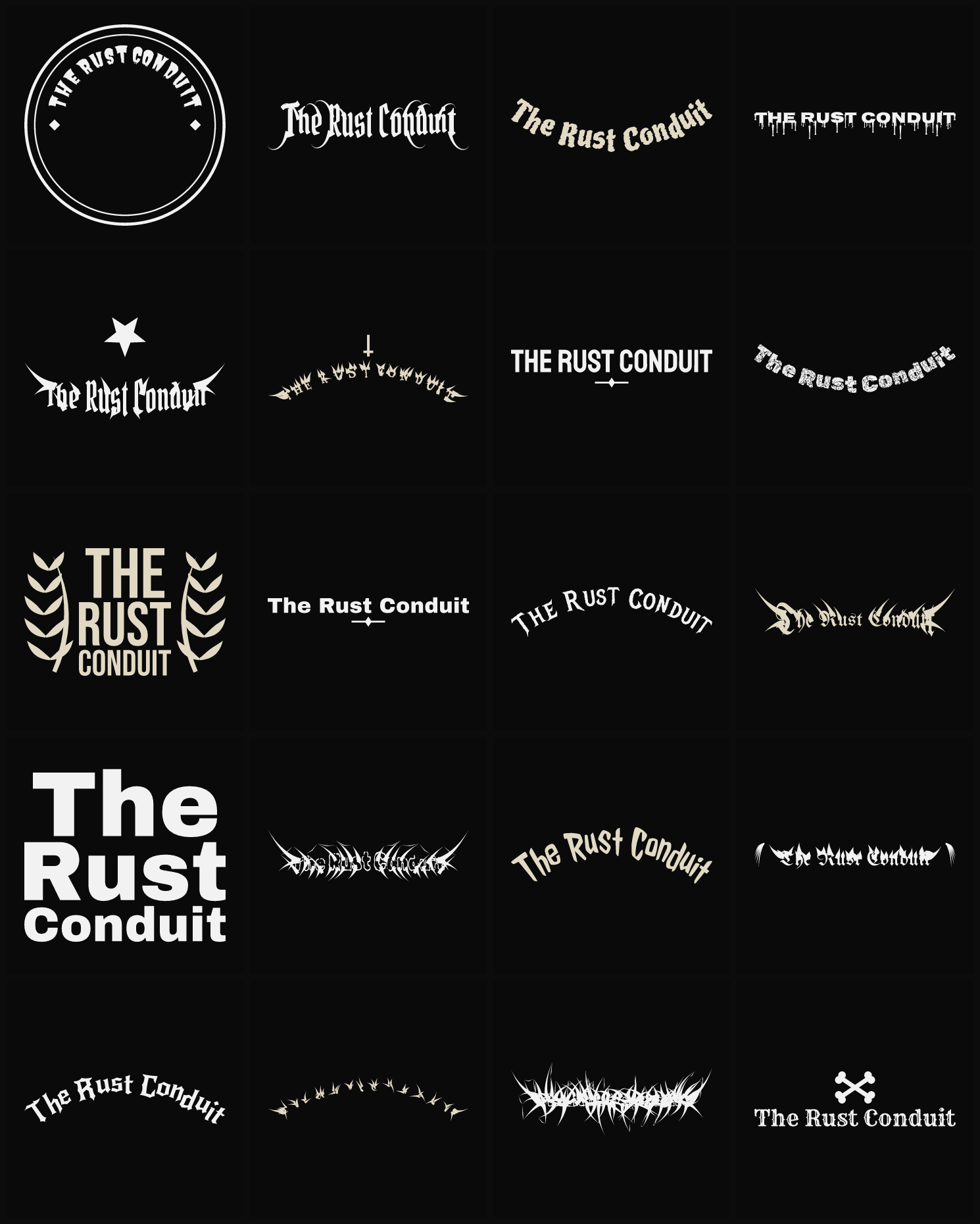 Twenty The Rust Conduit band logo ideas — different faces, treatments and spike settings