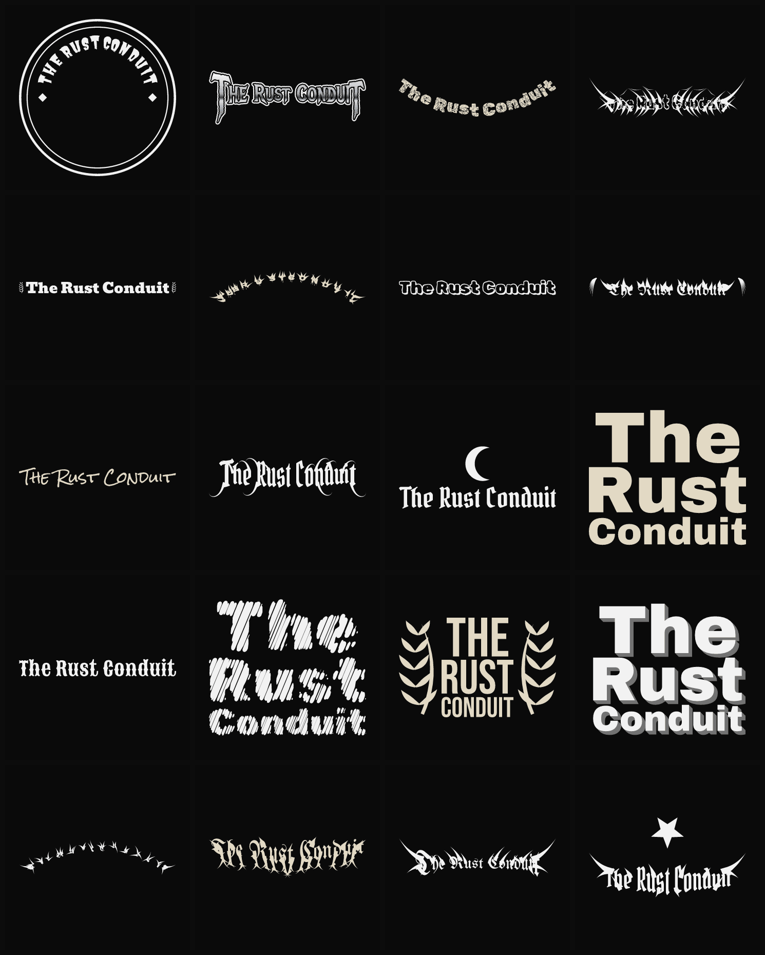 Twenty The Rust Conduit band logo ideas — different faces, treatments and spike settings