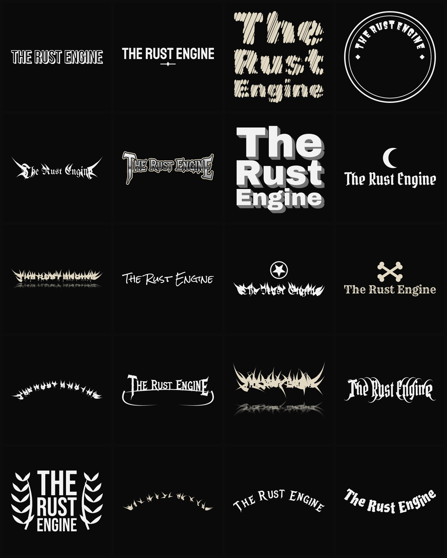 Twenty The Rust Engine band logo ideas — different faces, treatments and spike settings