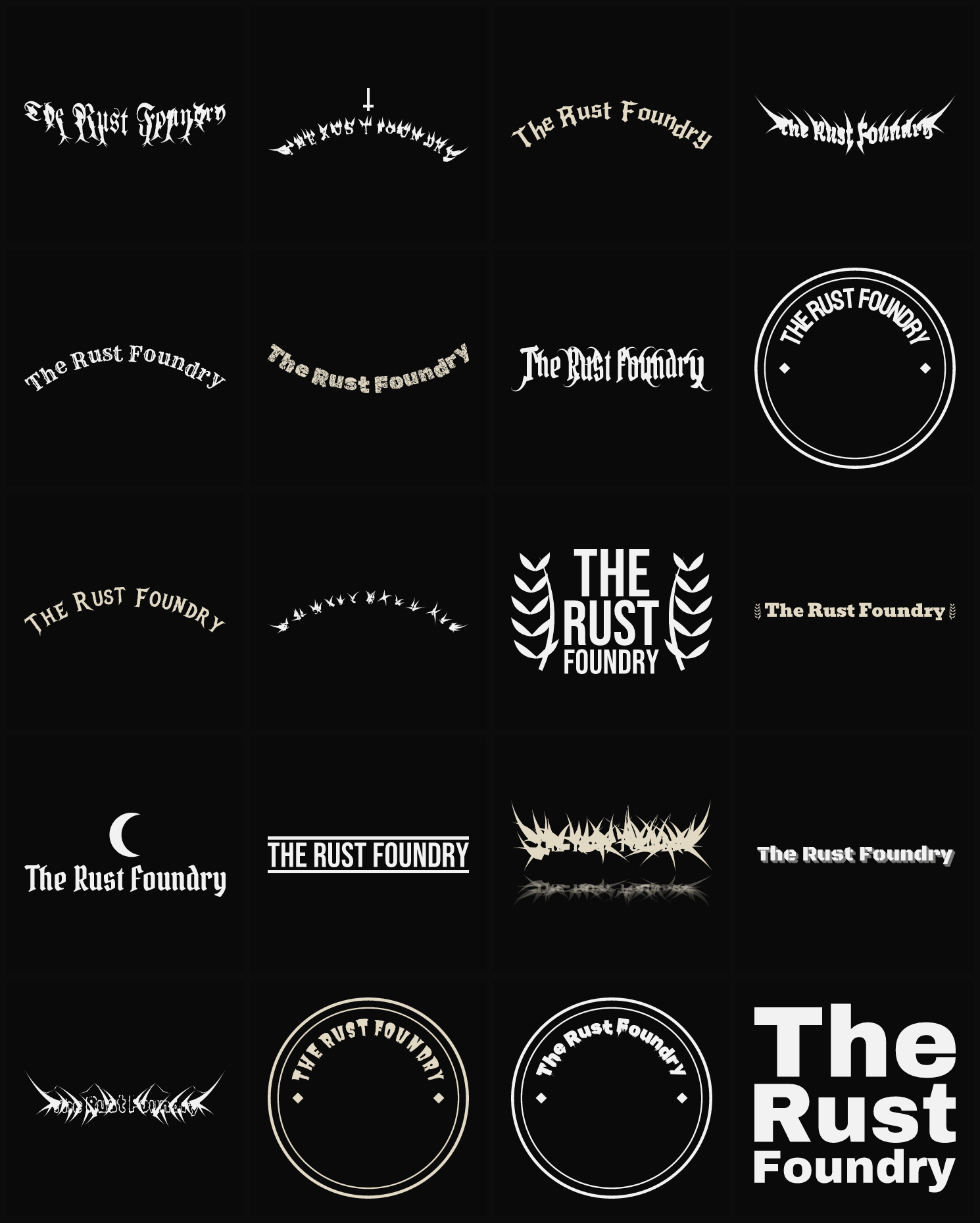 Twenty The Rust Foundry band logo ideas — different faces, treatments and spike settings