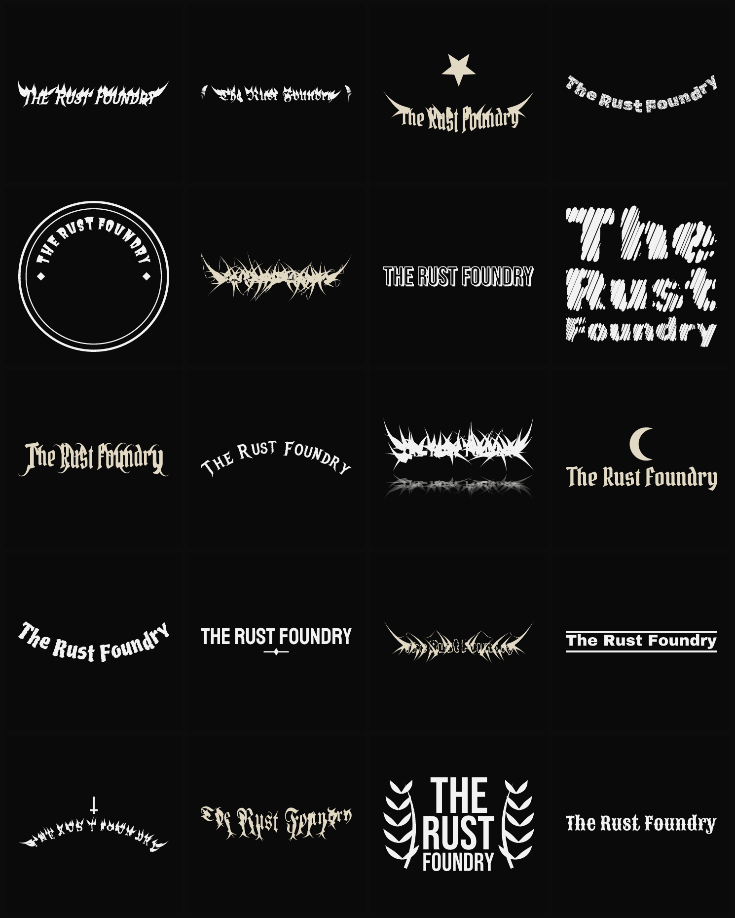 Twenty The Rust Foundry band logo ideas — different faces, treatments and spike settings