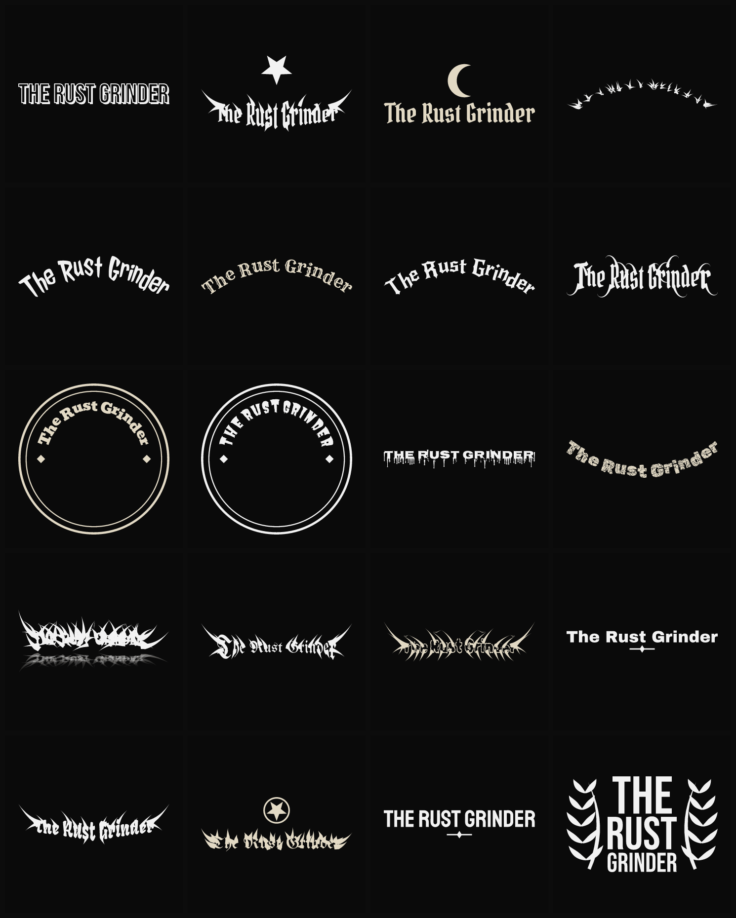 Twenty The Rust Grinder band logo ideas — different faces, treatments and spike settings