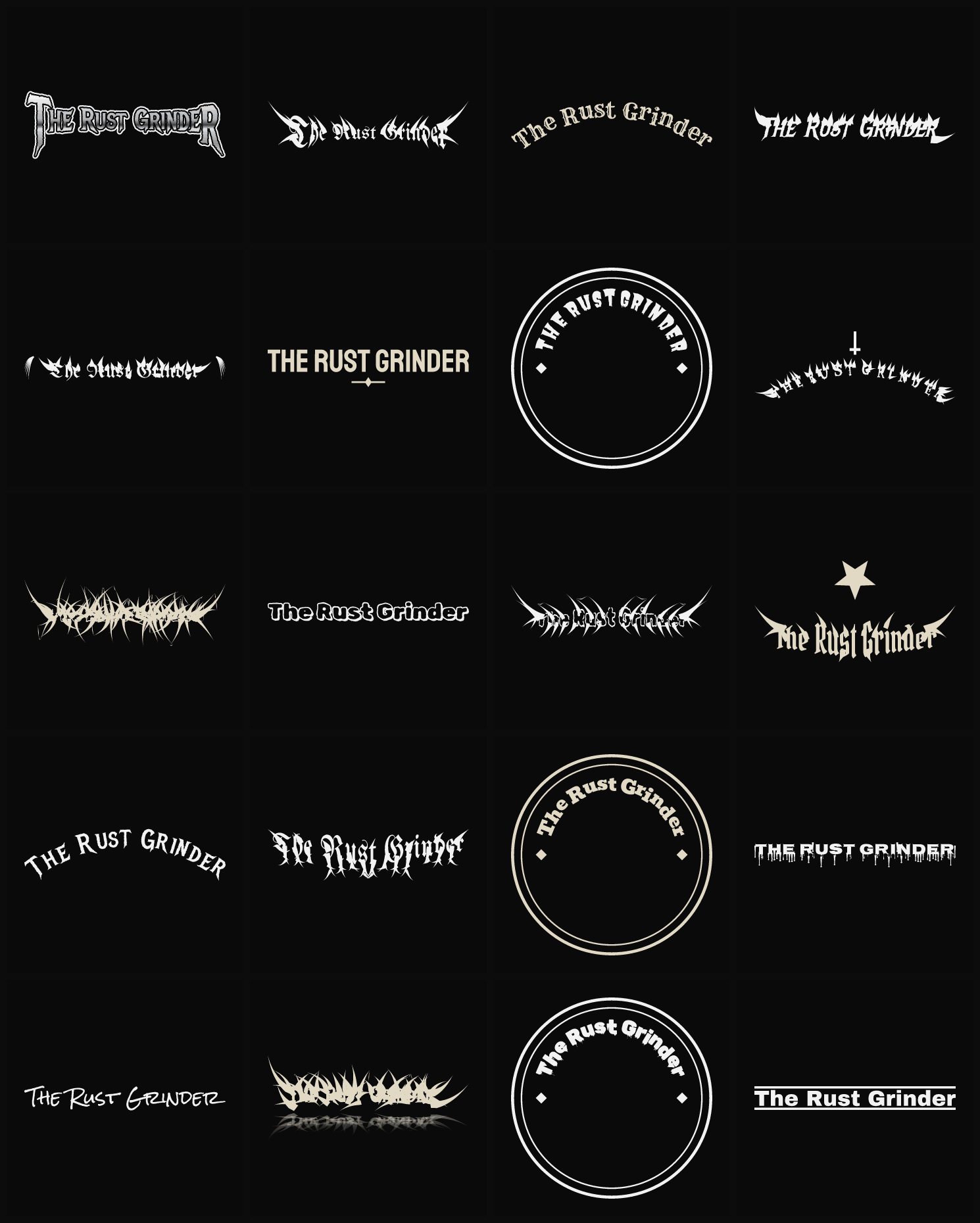 Twenty The Rust Grinder band logo ideas — different faces, treatments and spike settings