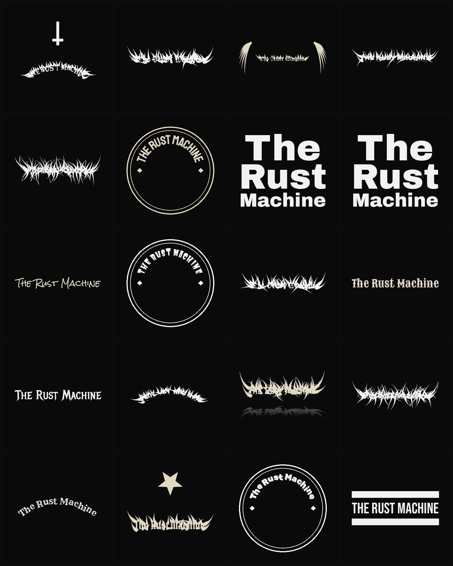Twenty The Rust Machine band logo ideas — different faces, treatments and spike settings