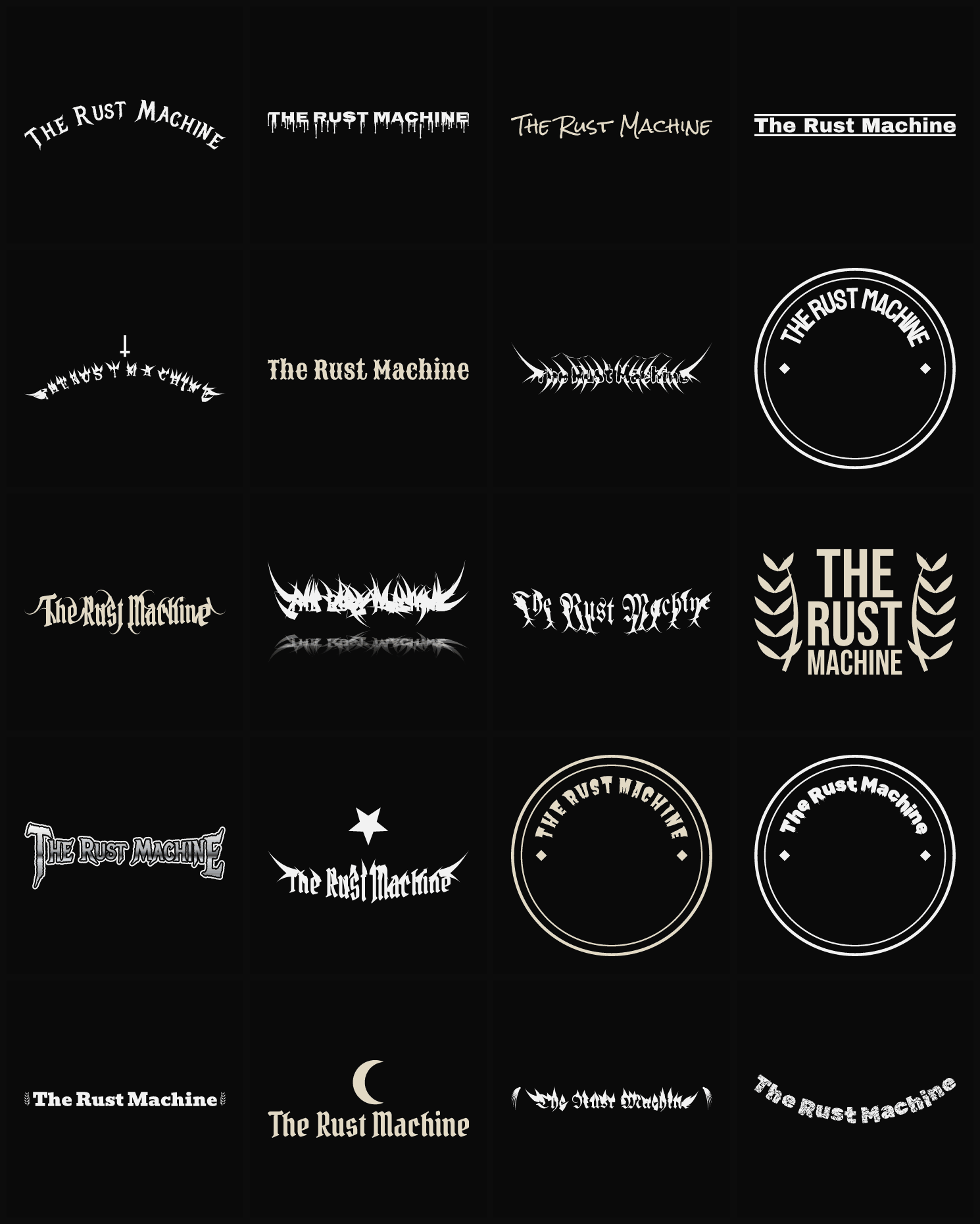 Twenty The Rust Machine band logo ideas — different faces, treatments and spike settings