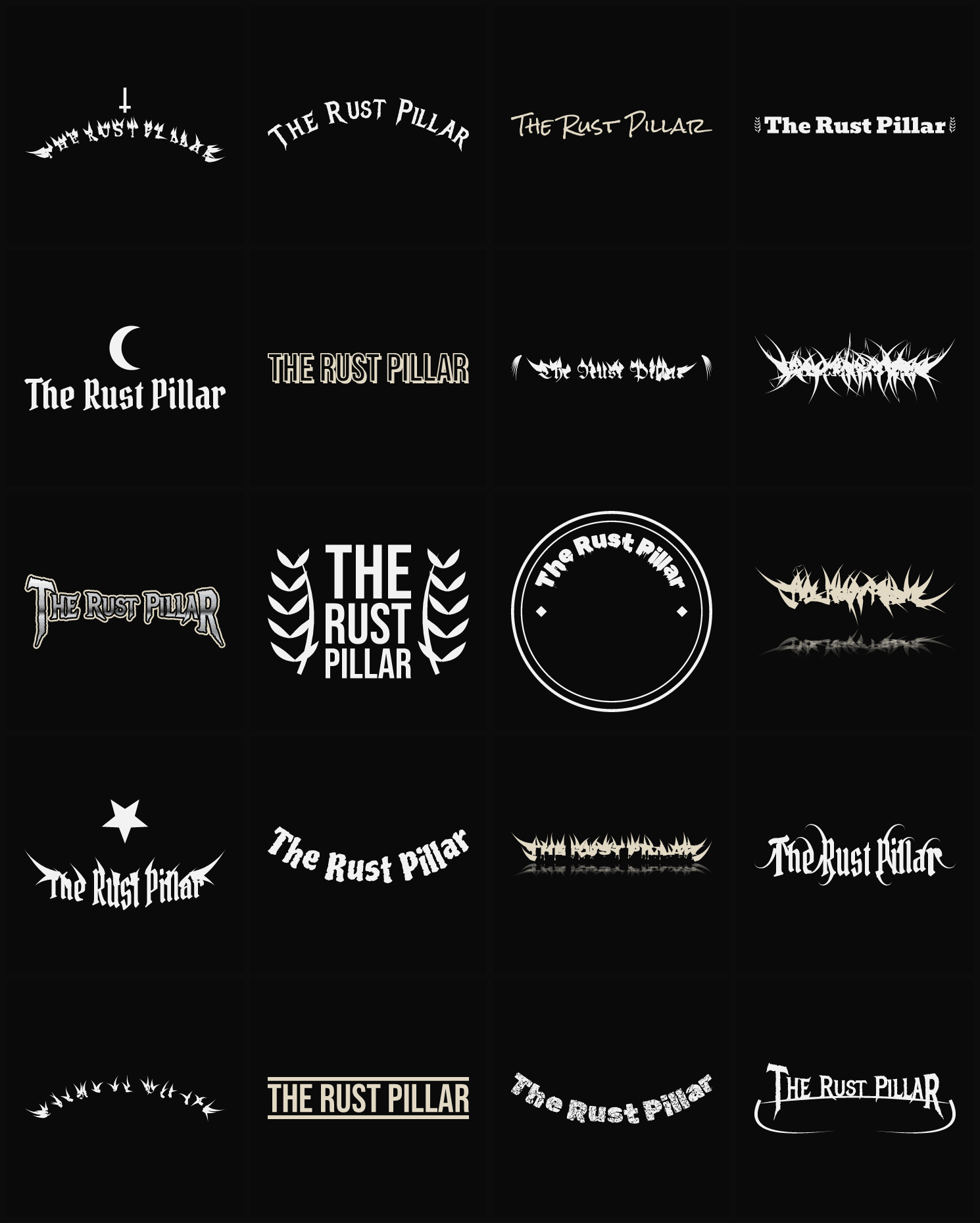 Twenty The Rust Pillar band logo ideas — different faces, treatments and spike settings