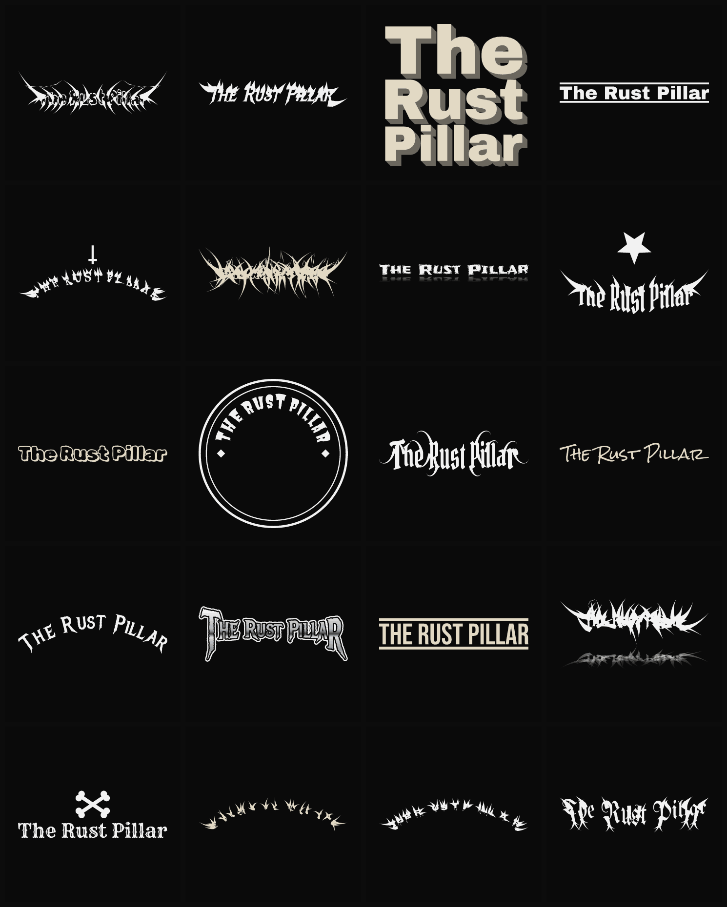 Twenty The Rust Pillar band logo ideas — different faces, treatments and spike settings