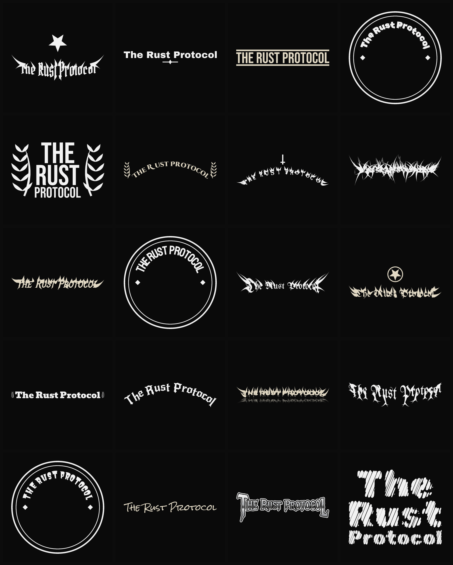 Twenty The Rust Protocol band logo ideas — different faces, treatments and spike settings