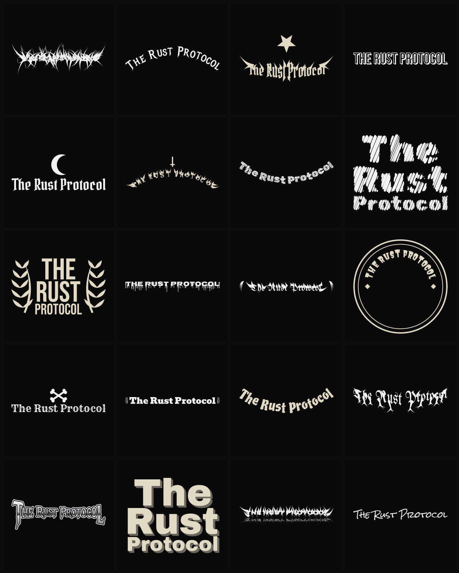 Twenty The Rust Protocol band logo ideas — different faces, treatments and spike settings