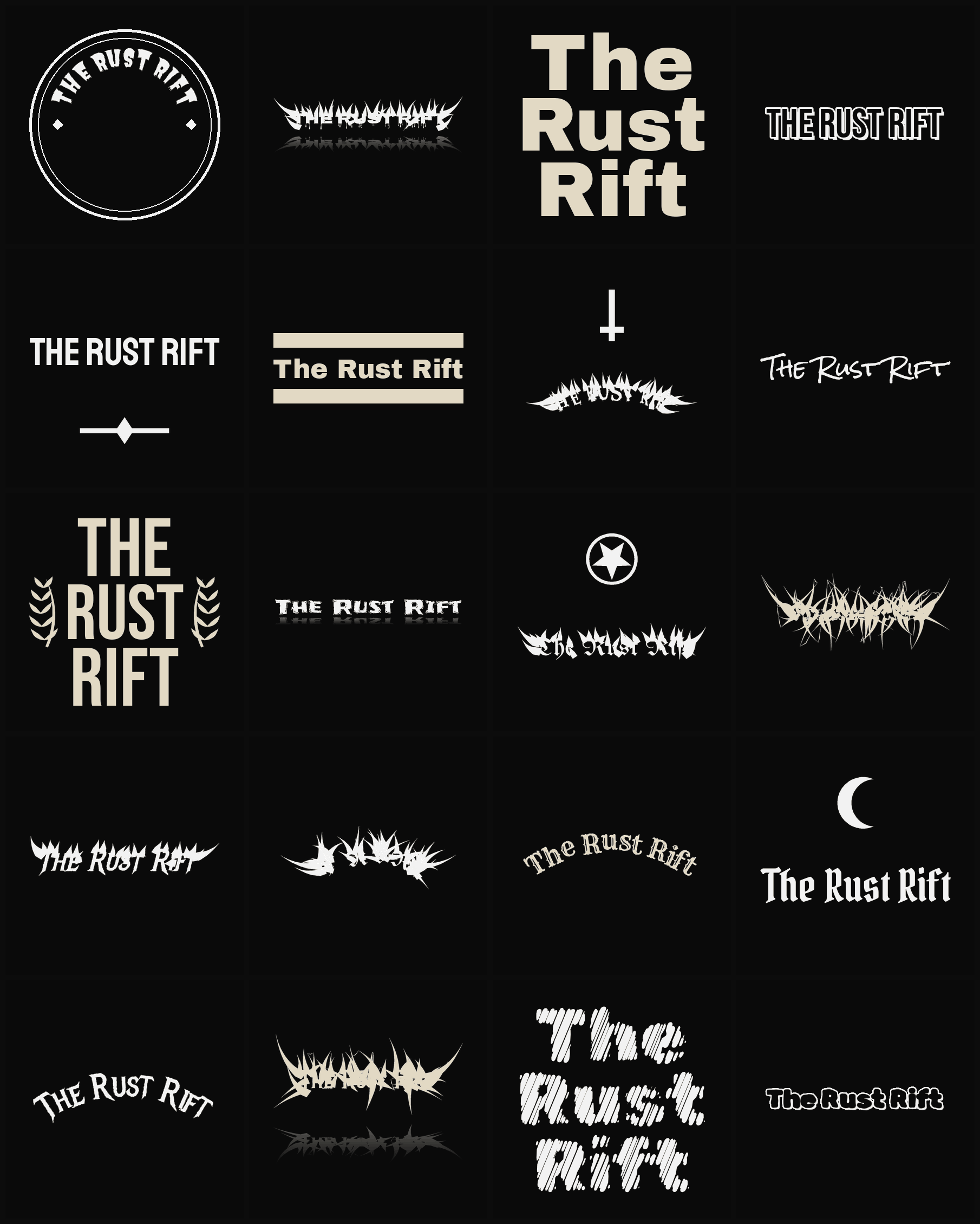 Twenty The Rust Rift band logo ideas — different faces, treatments and spike settings