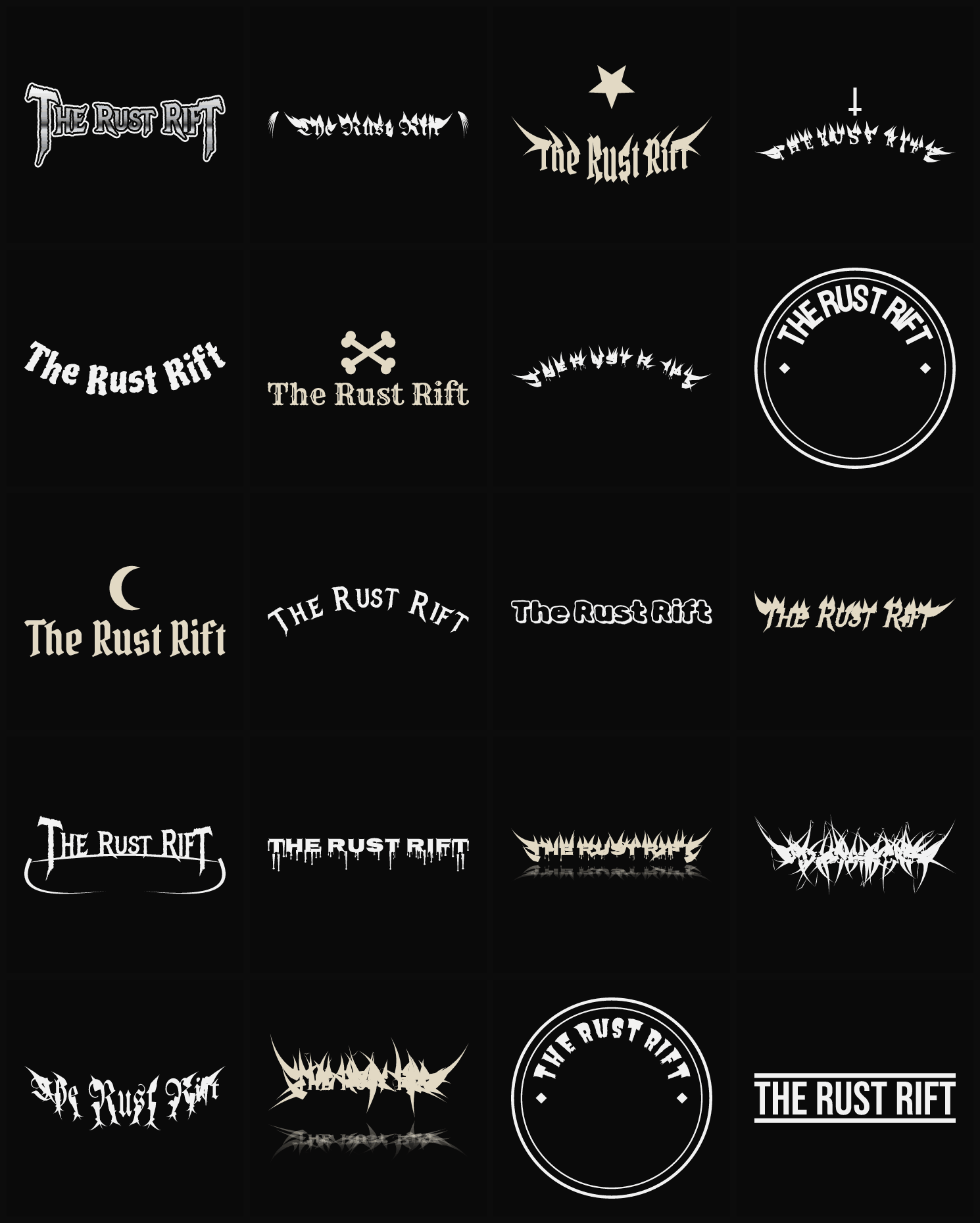Twenty The Rust Rift band logo ideas — different faces, treatments and spike settings