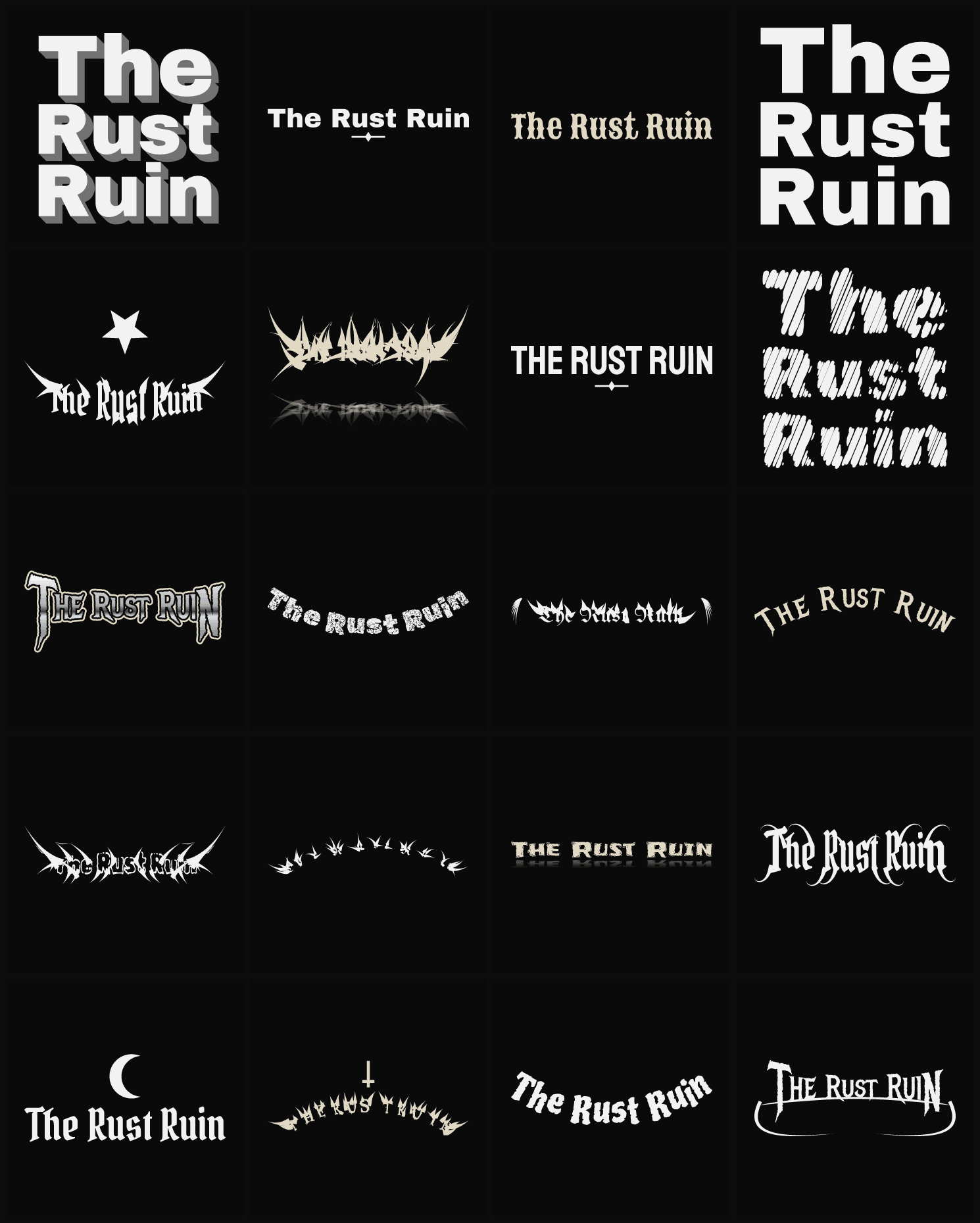 Twenty The Rust Ruin band logo ideas — different faces, treatments and spike settings